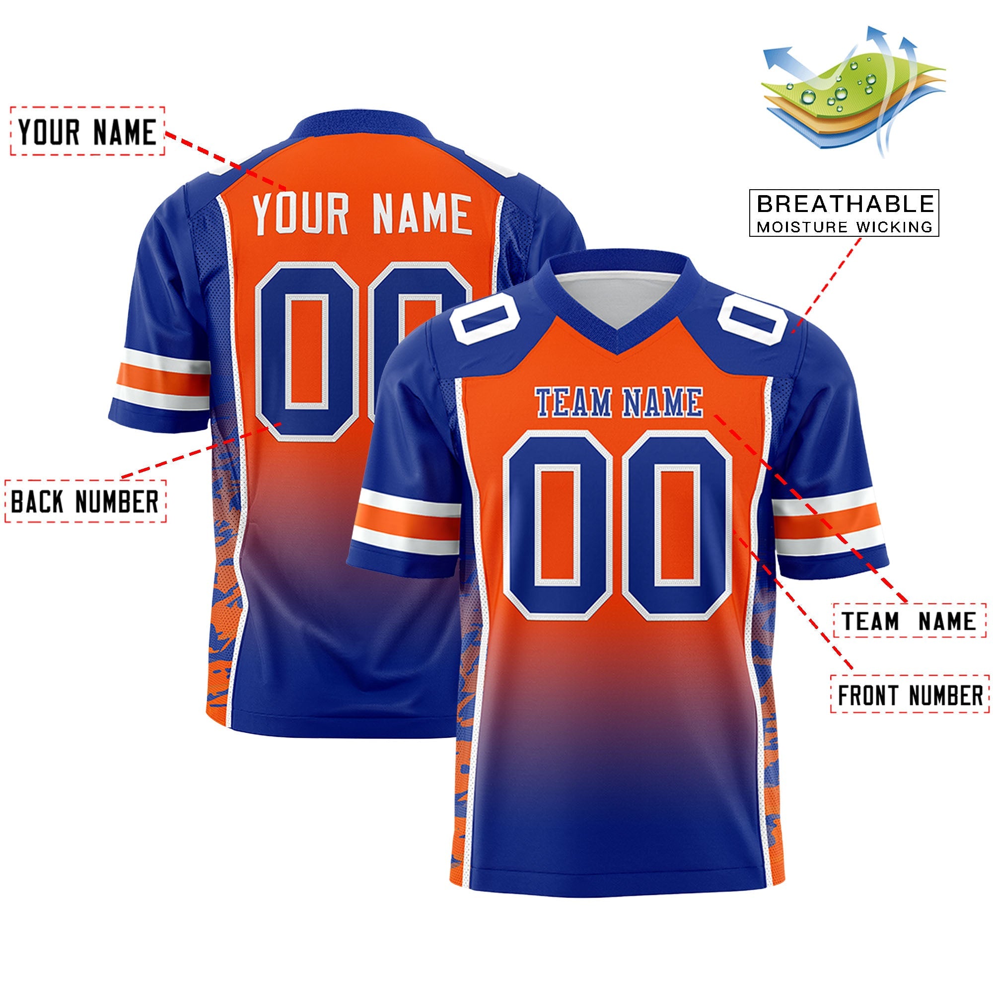 Custom Orange Royal Gradient Personalized Side Pattern Authentic Football Jersey