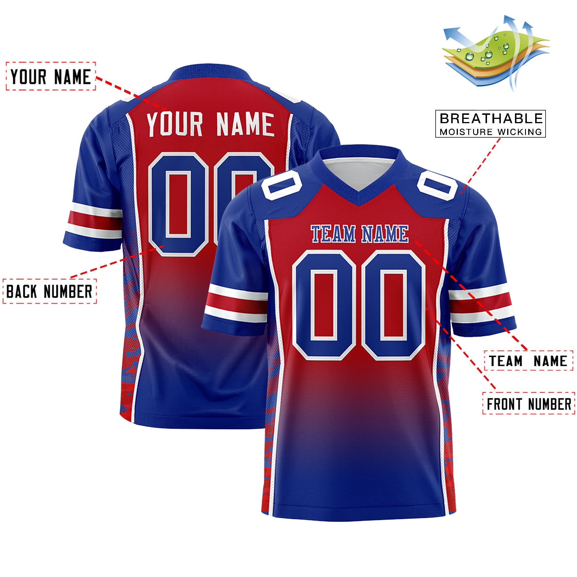 Custom Red Royal Gradient Personalized Side Pattern Authentic Football Jersey