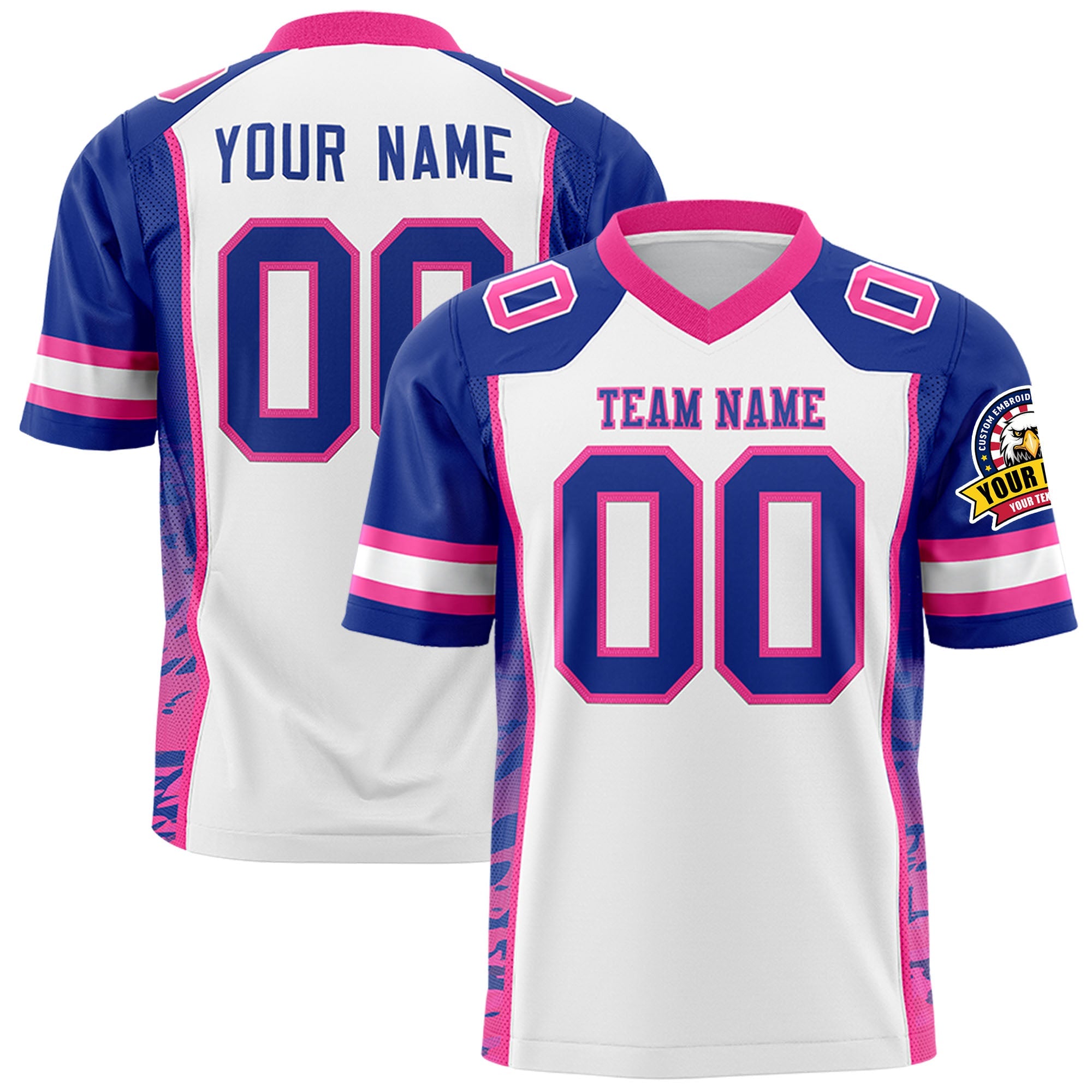 Custom White Royal-Pink Raglan Sleeves Personalized Side Pattern Authentic Football Jersey