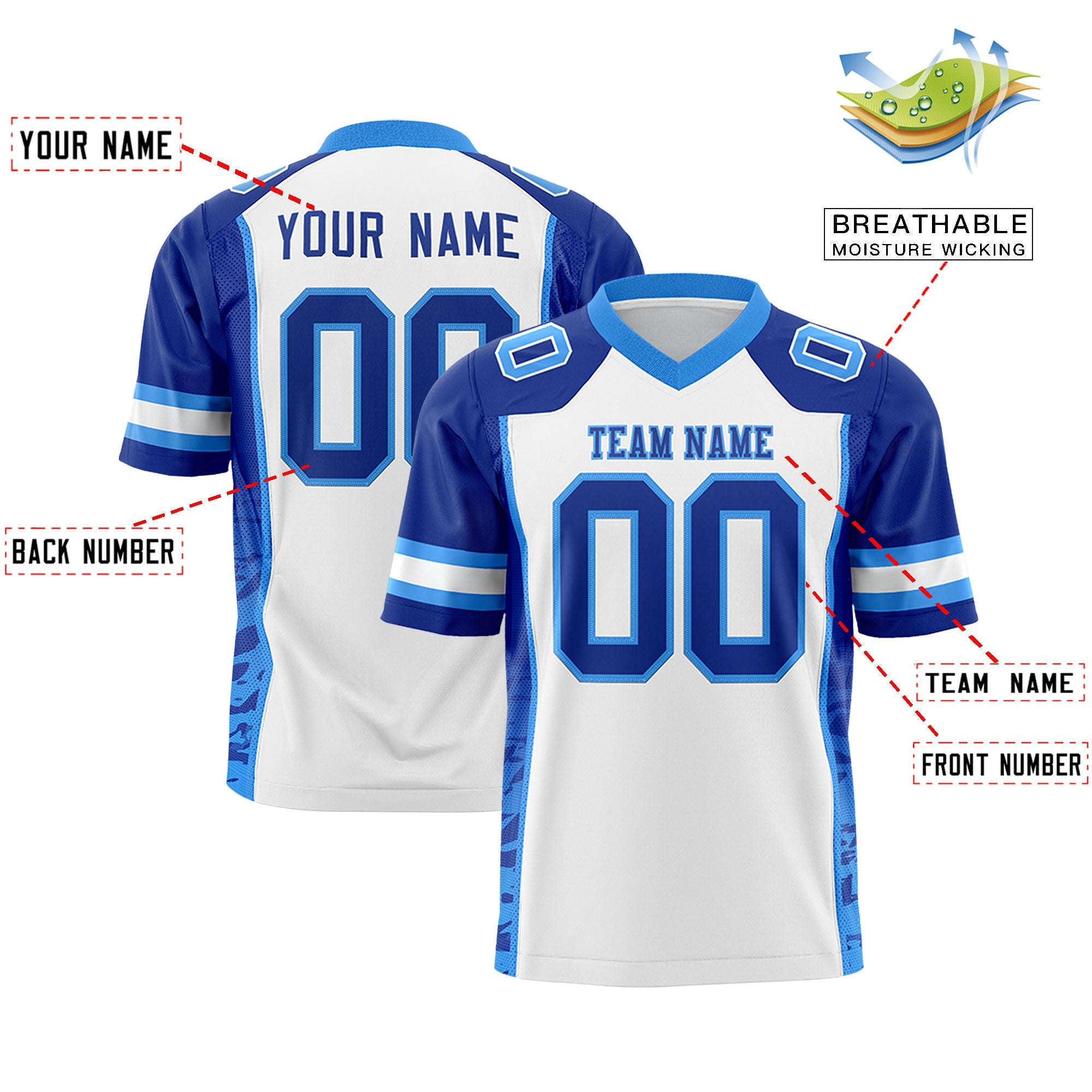 Custom White Royal-Powder Blue Raglan Sleeves Personalized Side Pattern Authentic Football Jersey