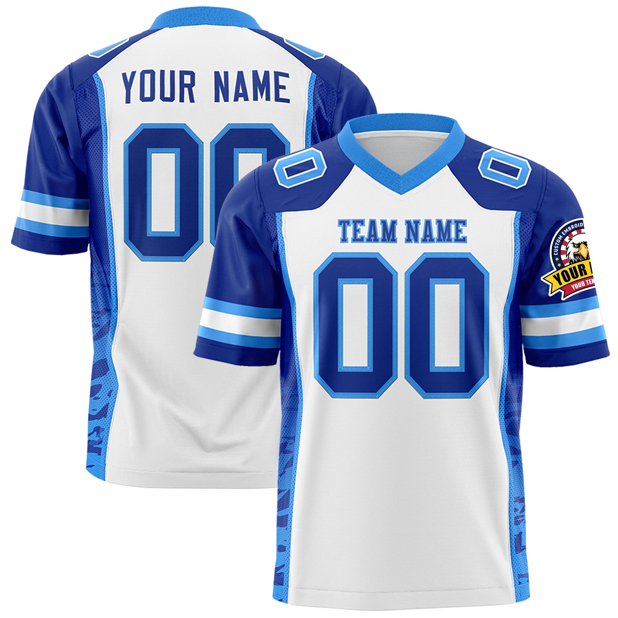 Custom White Royal-Powder Blue Raglan Sleeves Personalized Side Pattern Authentic Football Jersey