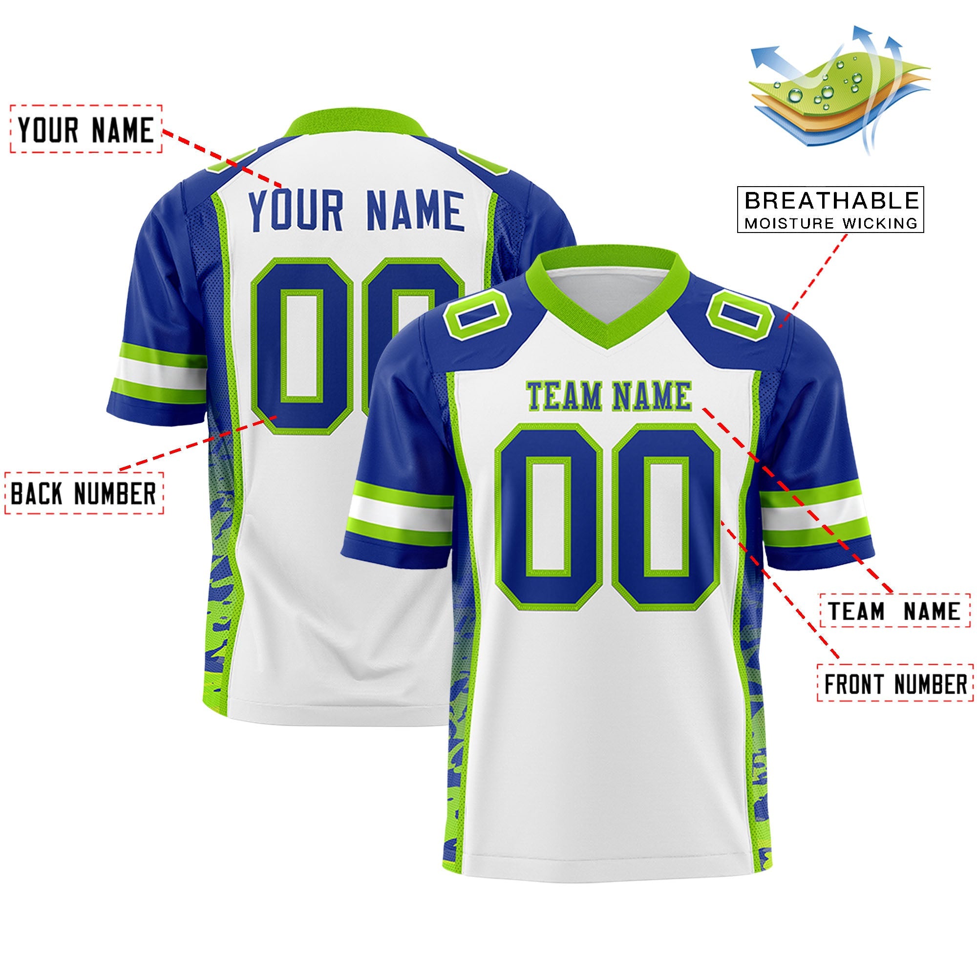 Custom White Royal-Neon Green Raglan Sleeves Personalized Side Pattern Authentic Football Jersey