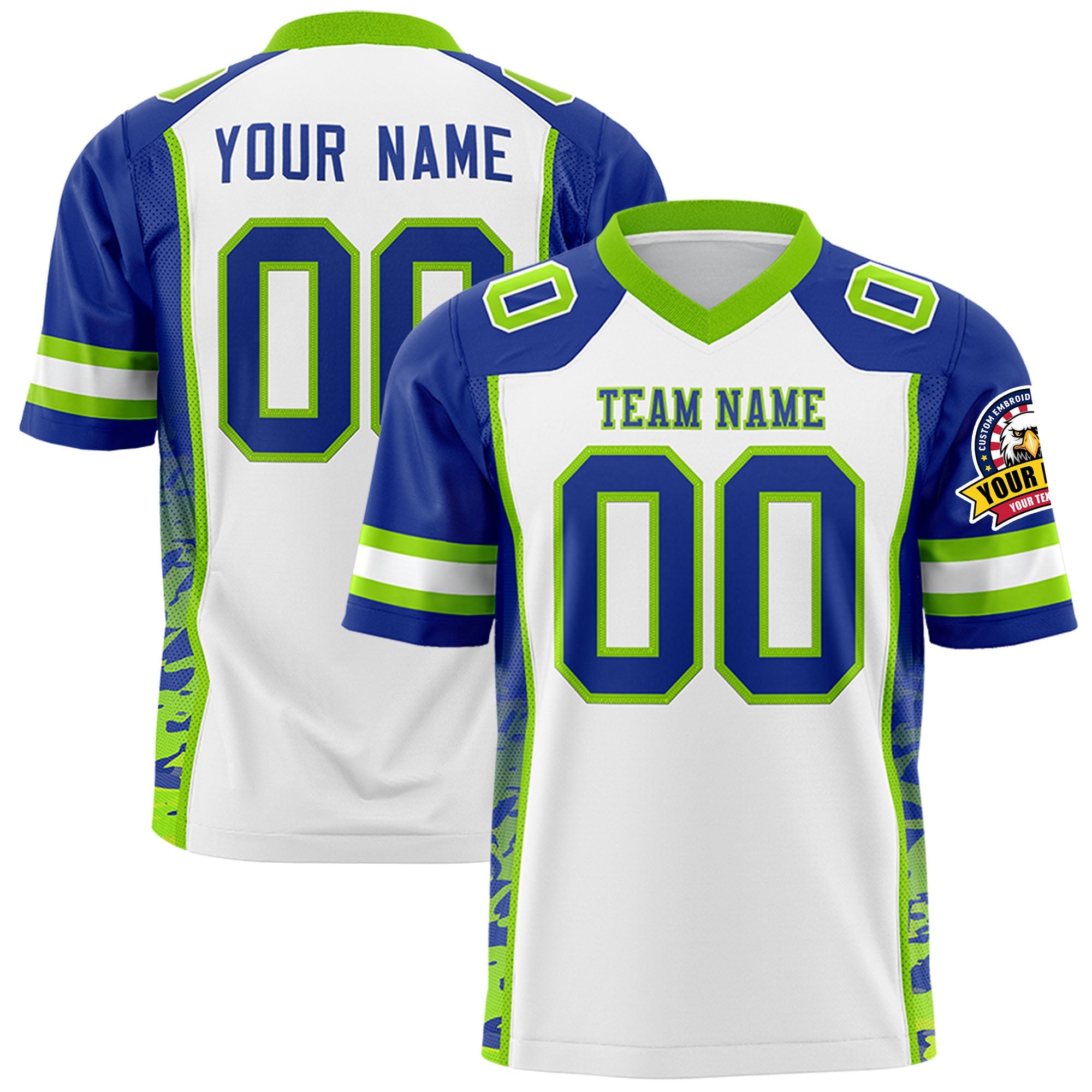 Custom White Royal-Neon Green Raglan Sleeves Personalized Side Pattern Authentic Football Jersey