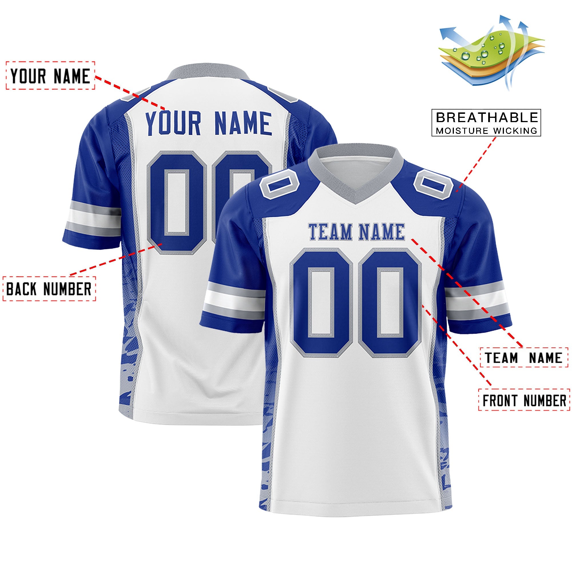 Custom White Royal-Gray Raglan Sleeves Personalized Side Pattern Authentic Football Jersey