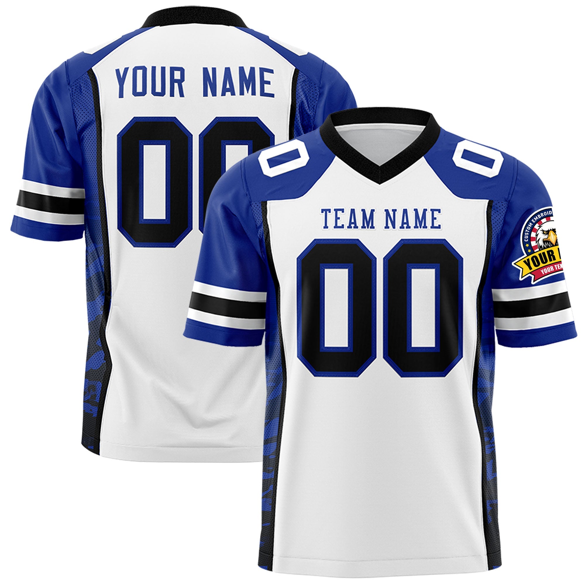 Custom White Royal-Black Raglan Sleeves Personalized Side Pattern Authentic Football Jersey