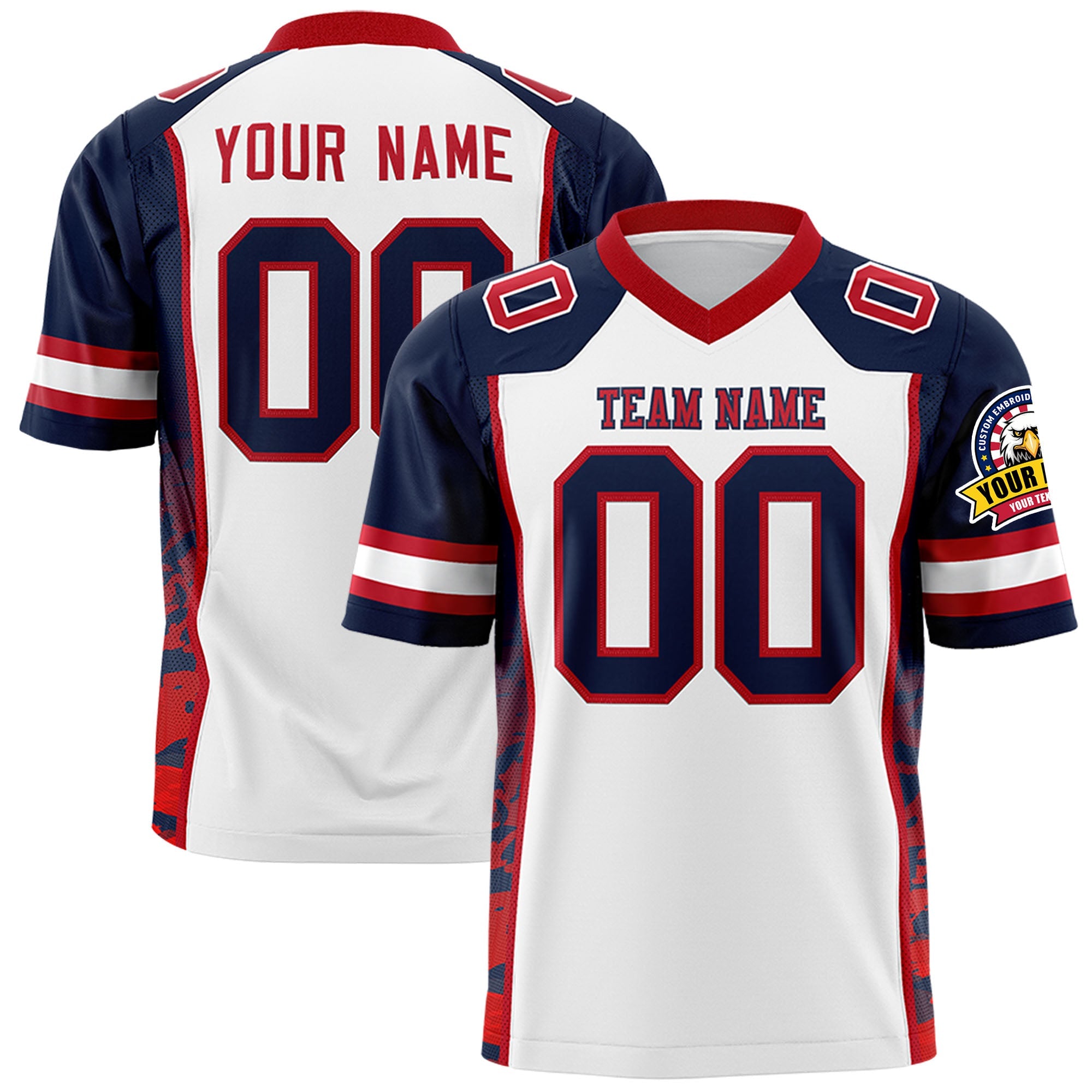 Custom White Navy-Red Raglan Sleeves Personalized Side Pattern Authentic Football Jersey