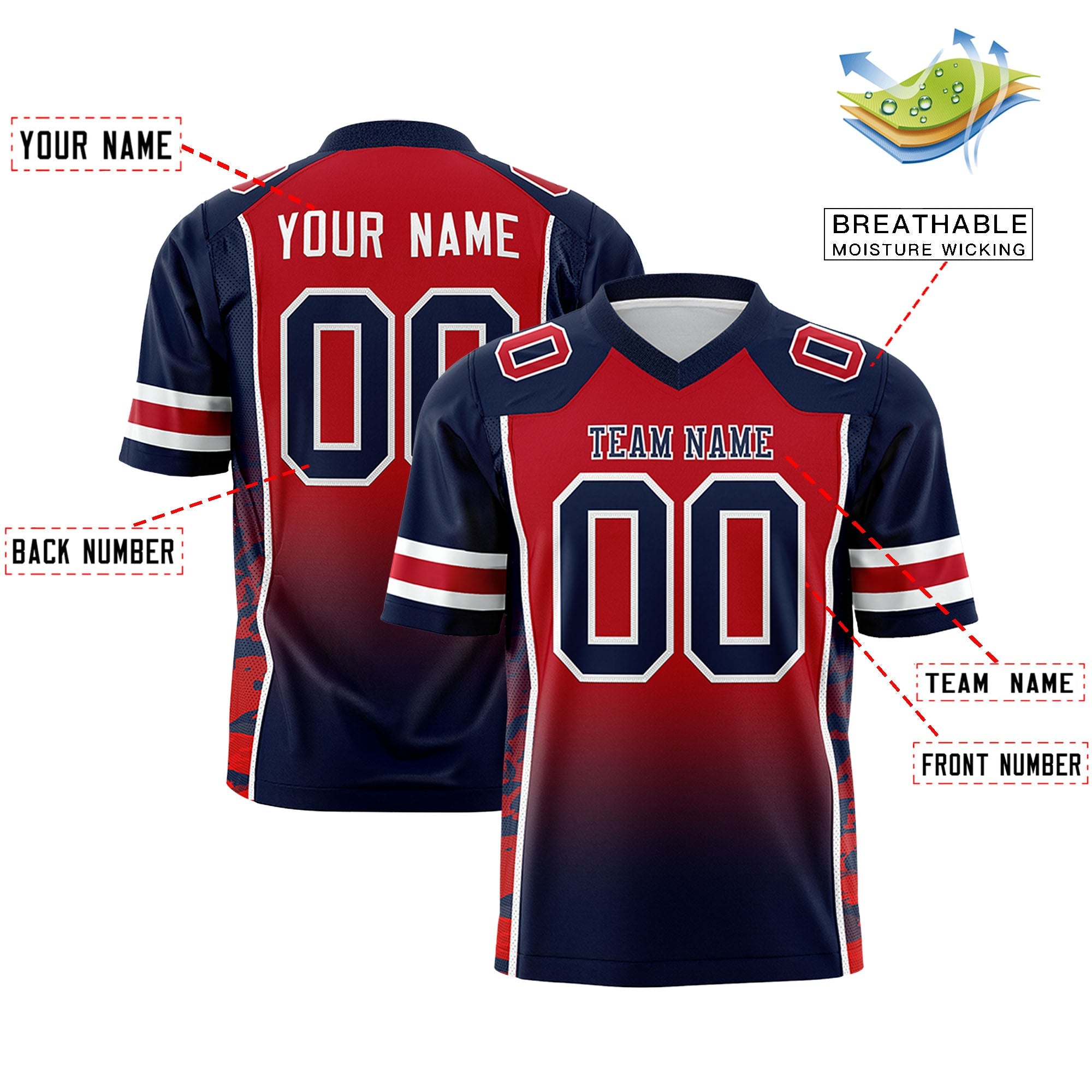 Custom Red Navy Gradient Personalized Side Pattern Authentic Football Jersey