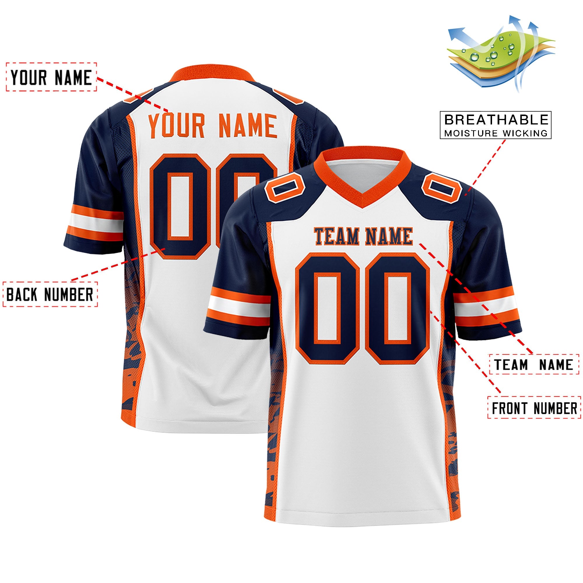 Custom White Navy-Orange Raglan Sleeves Personalized Side Pattern Authentic Football Jersey