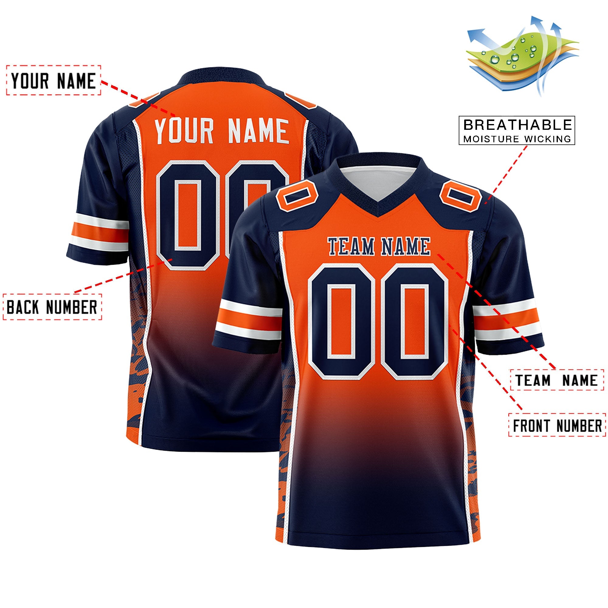 Custom Orange Navy Gradient Personalized Side Pattern Authentic Football Jersey