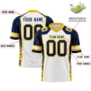 Custom White Navy-Gold Raglan Sleeves Personalized Side Pattern Authentic Football Jersey