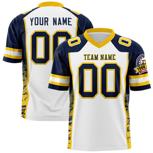 Custom White Navy-Gold Raglan Sleeves Personalized Side Pattern Authentic Football Jersey