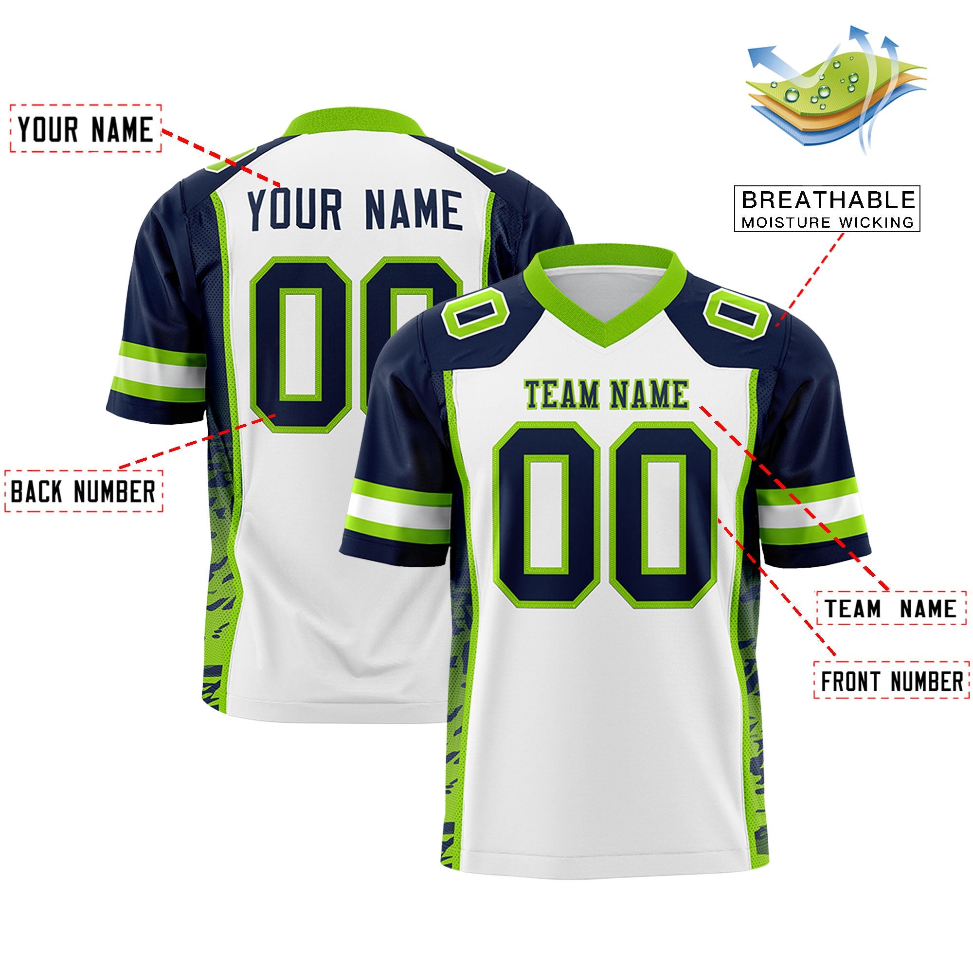 Custom White Navy-Neon Green Raglan Sleeves Personalized Side Pattern Authentic Football Jersey