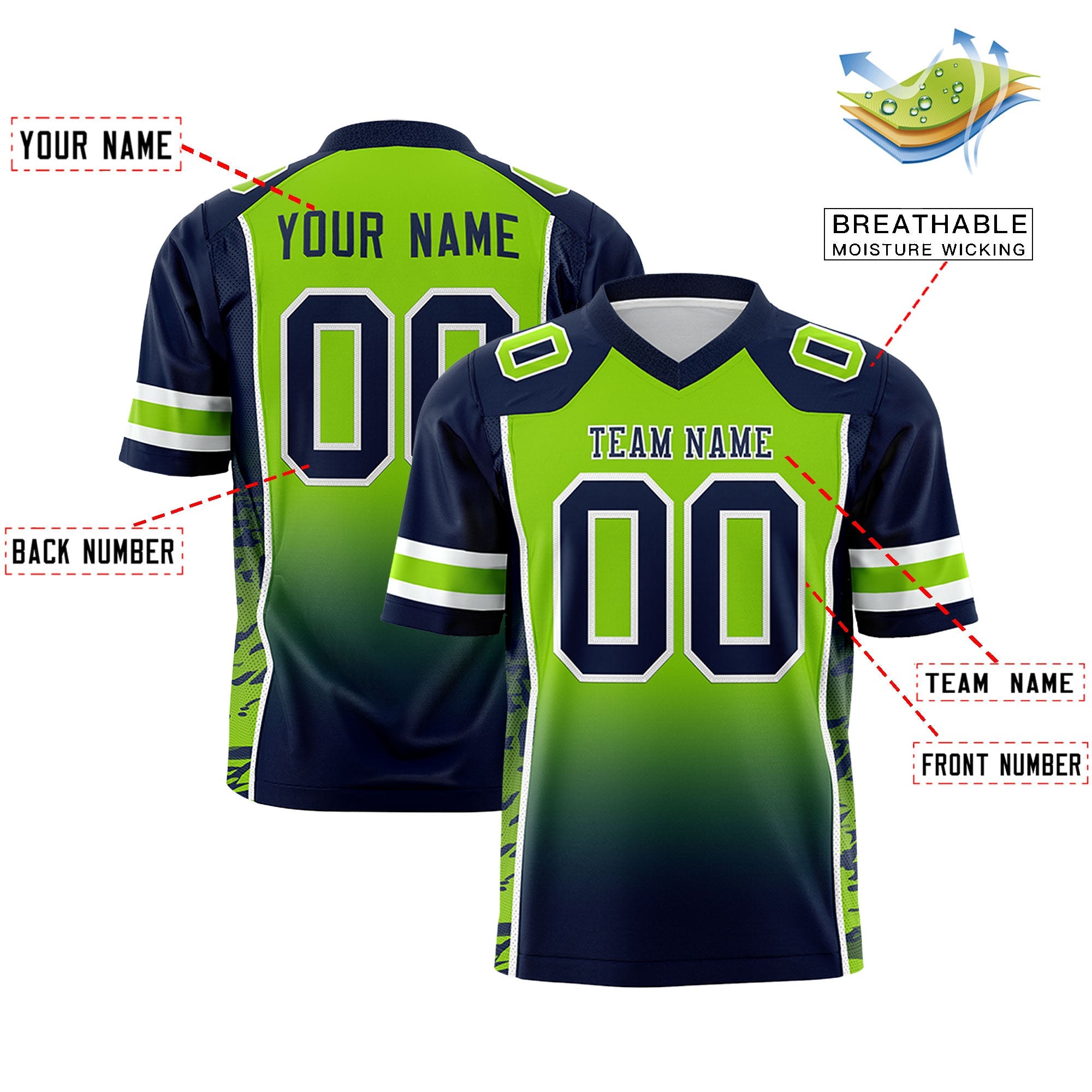 Custom Neon Green Navy Gradient Personalized Side Pattern Authentic Football Jersey