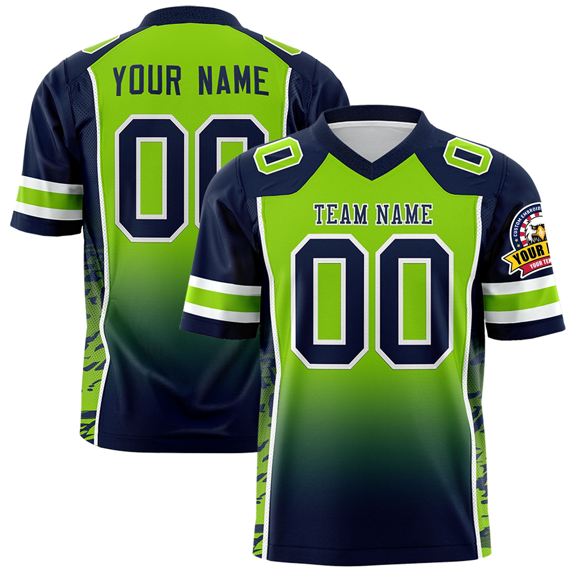 Custom Neon Green Navy Gradient Personalized Side Pattern Authentic Football Jersey