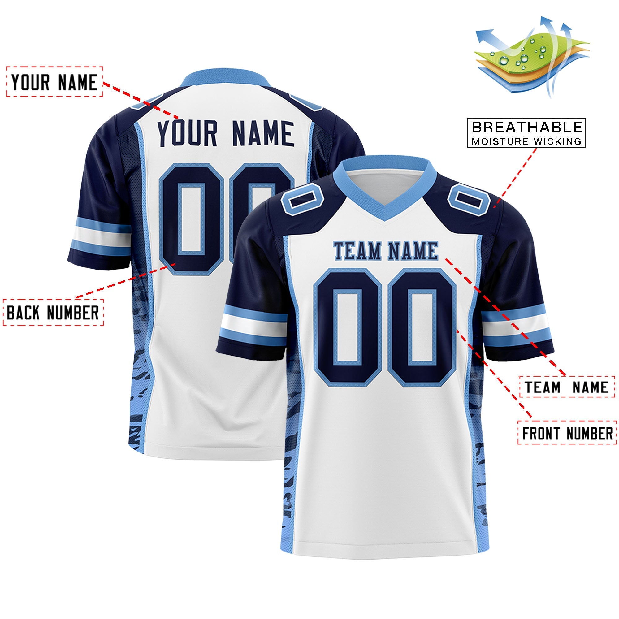 Custom White Navy-Light Blue Raglan Sleeves Personalized Side Pattern Authentic Football Jersey