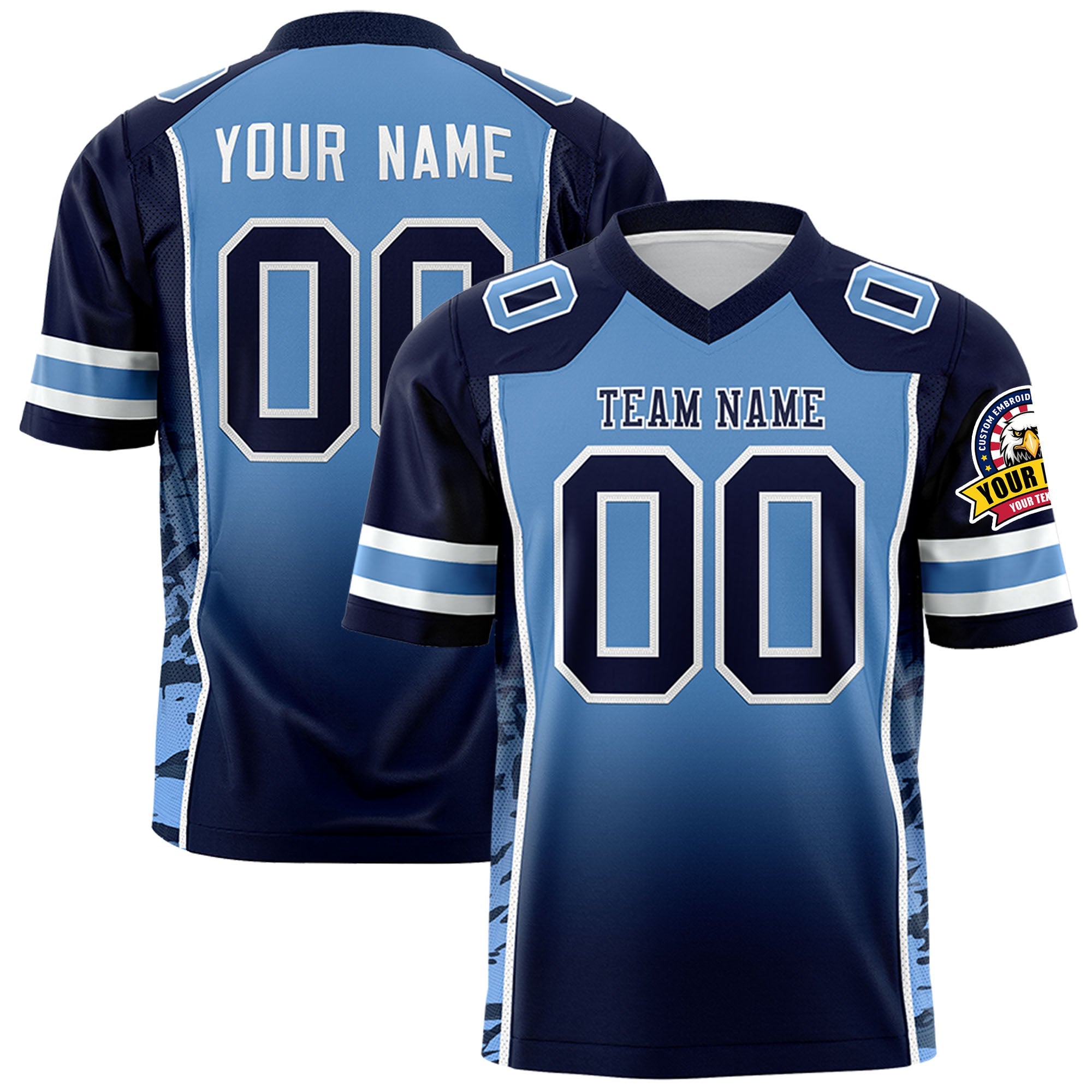 Custom Light Blue Navy Gradient Personalized Side Pattern Authentic Football Jersey