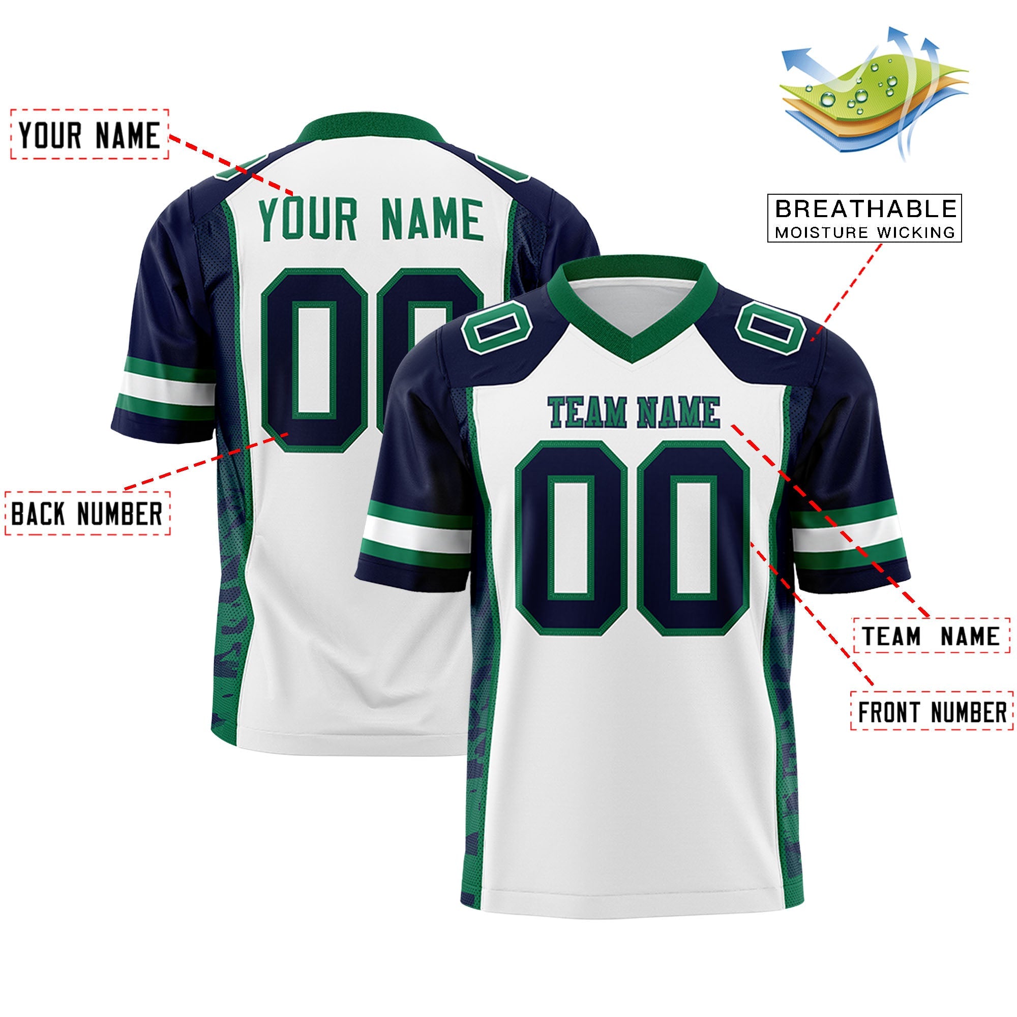 Custom White Navy-Kelly Green Raglan Sleeves Personalized Side Pattern Authentic Football Jersey