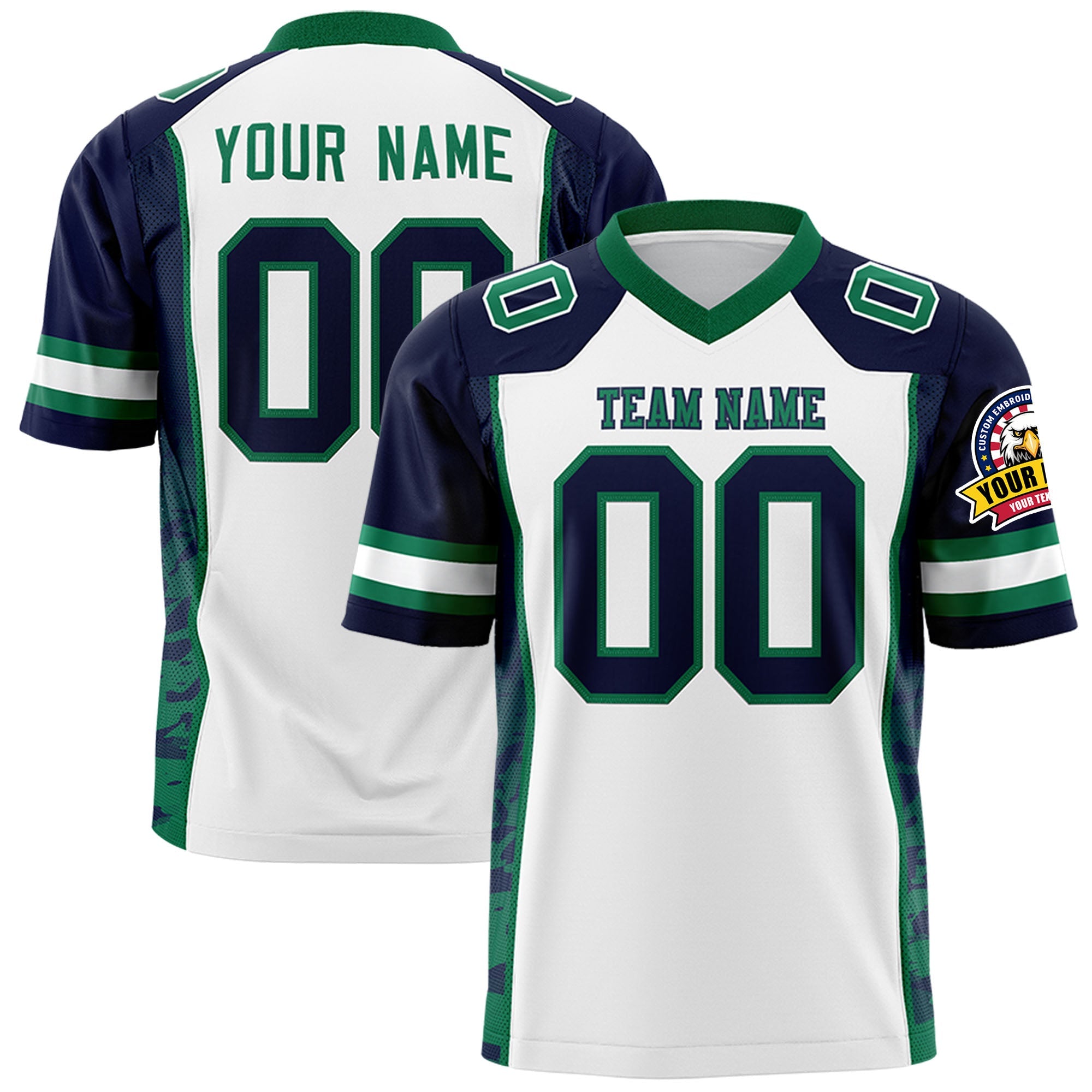 Custom White Navy-Kelly Green Raglan Sleeves Personalized Side Pattern Authentic Football Jersey