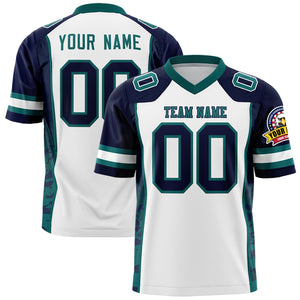 Custom White Navy-Aqua Raglan Sleeves Personalized Side Pattern Authentic Football Jersey