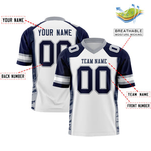 Custom White Navy-Gray Raglan Sleeves Personalized Side Pattern Authentic Football Jersey