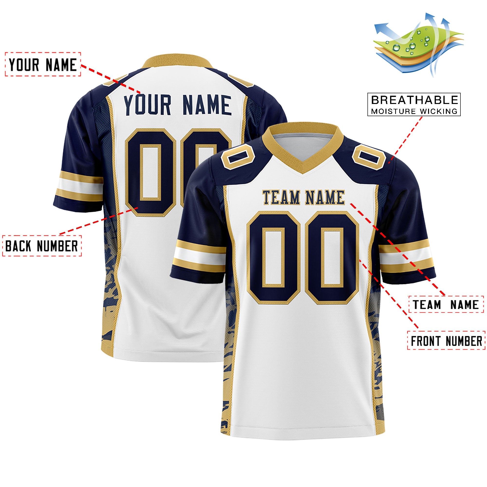 Custom White Navy-Old Gold Raglan Sleeves Personalized Side Pattern Authentic Football Jersey