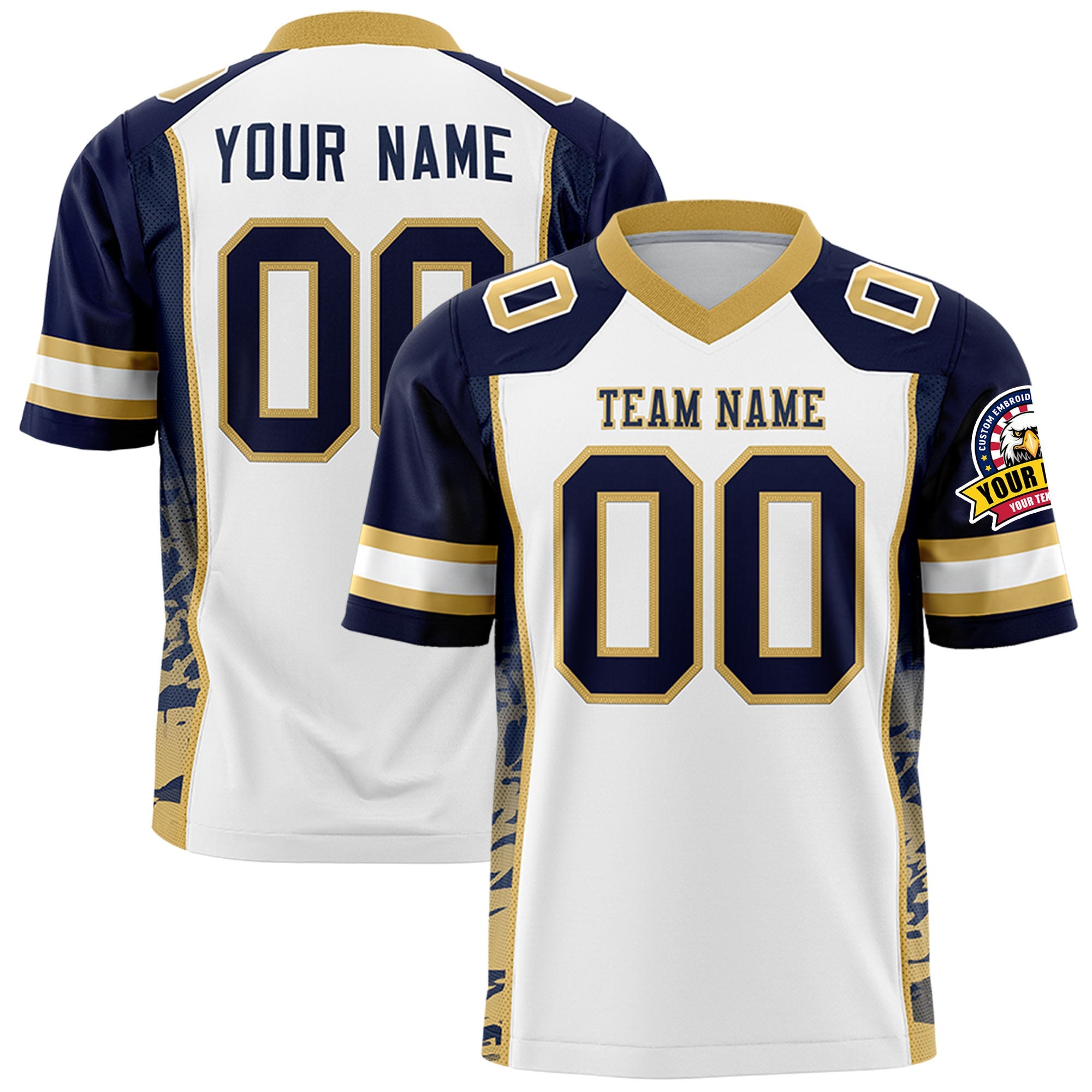 Custom White Navy-Old Gold Raglan Sleeves Personalized Side Pattern Authentic Football Jersey