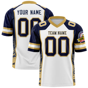 Custom White Navy-Old Gold Raglan Sleeves Personalized Side Pattern Authentic Football Jersey