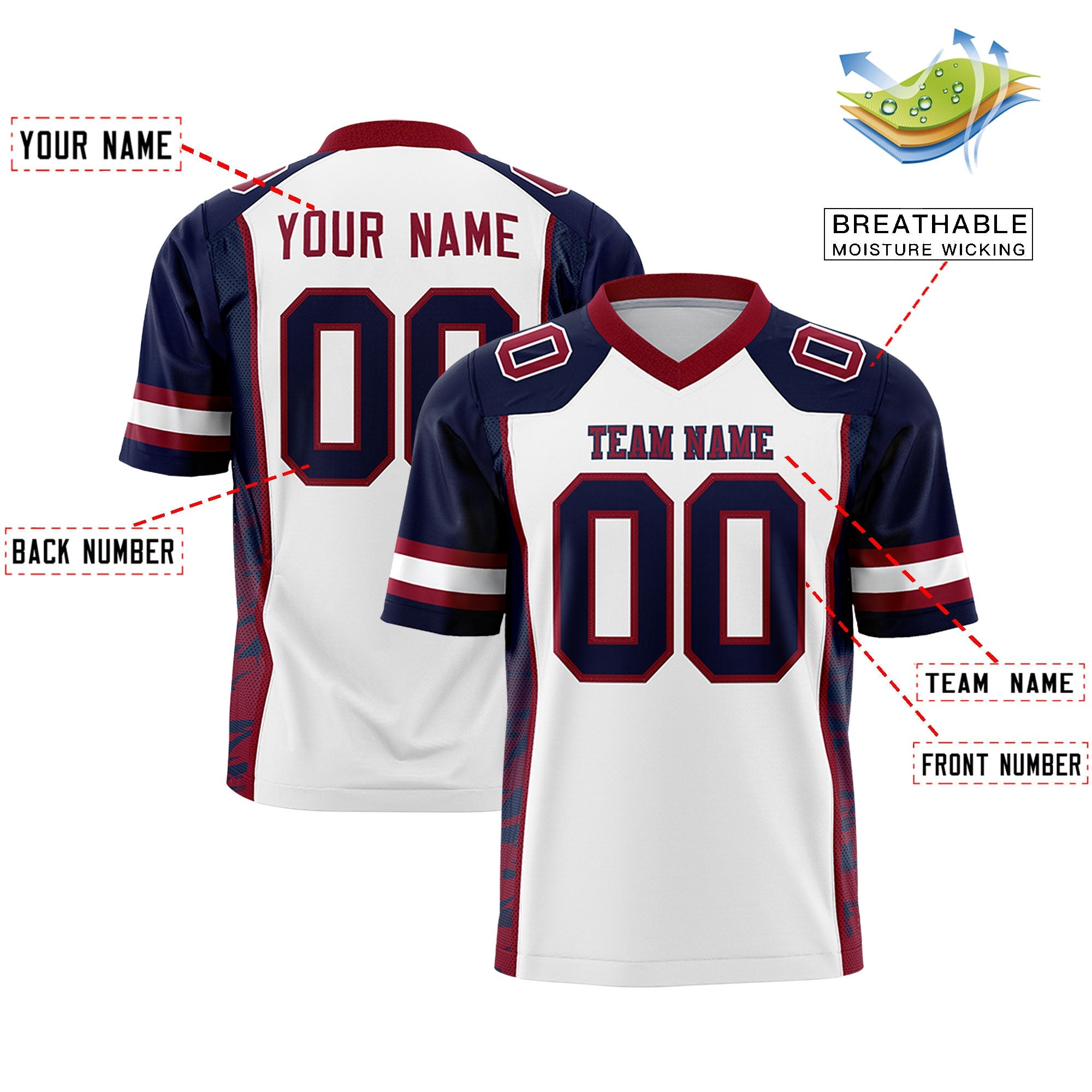 Custom White Navy-Crimson Raglan Sleeves Personalized Side Pattern Authentic Football Jersey