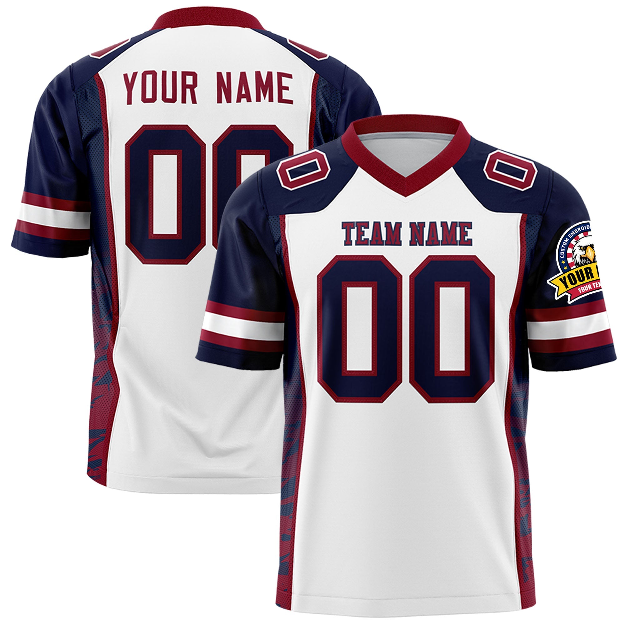 Custom White Navy-Crimson Raglan Sleeves Personalized Side Pattern Authentic Football Jersey