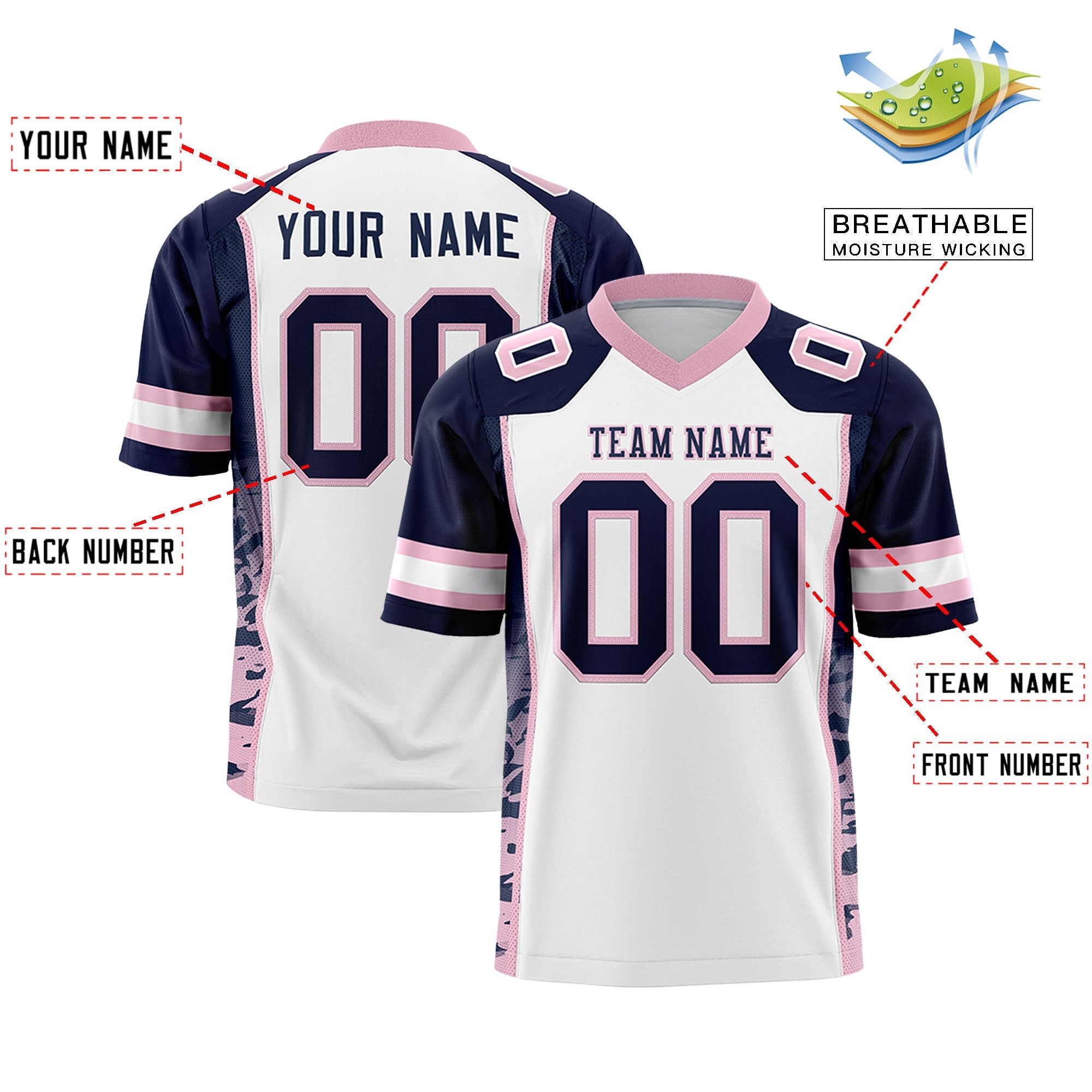 Custom White Navy-Light Pink Raglan Sleeves Personalized Side Pattern Authentic Football Jersey