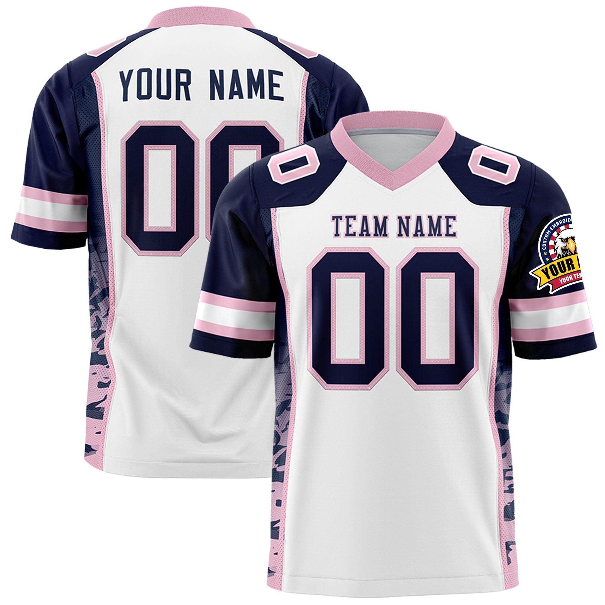 Custom White Navy-Light Pink Raglan Sleeves Personalized Side Pattern Authentic Football Jersey