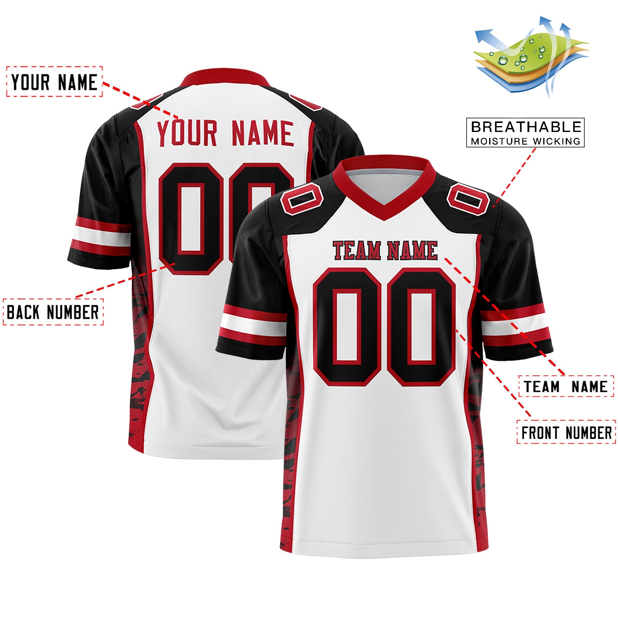 Custom White Black-Red Raglan Sleeves Personalized Side Pattern Authentic Football Jersey