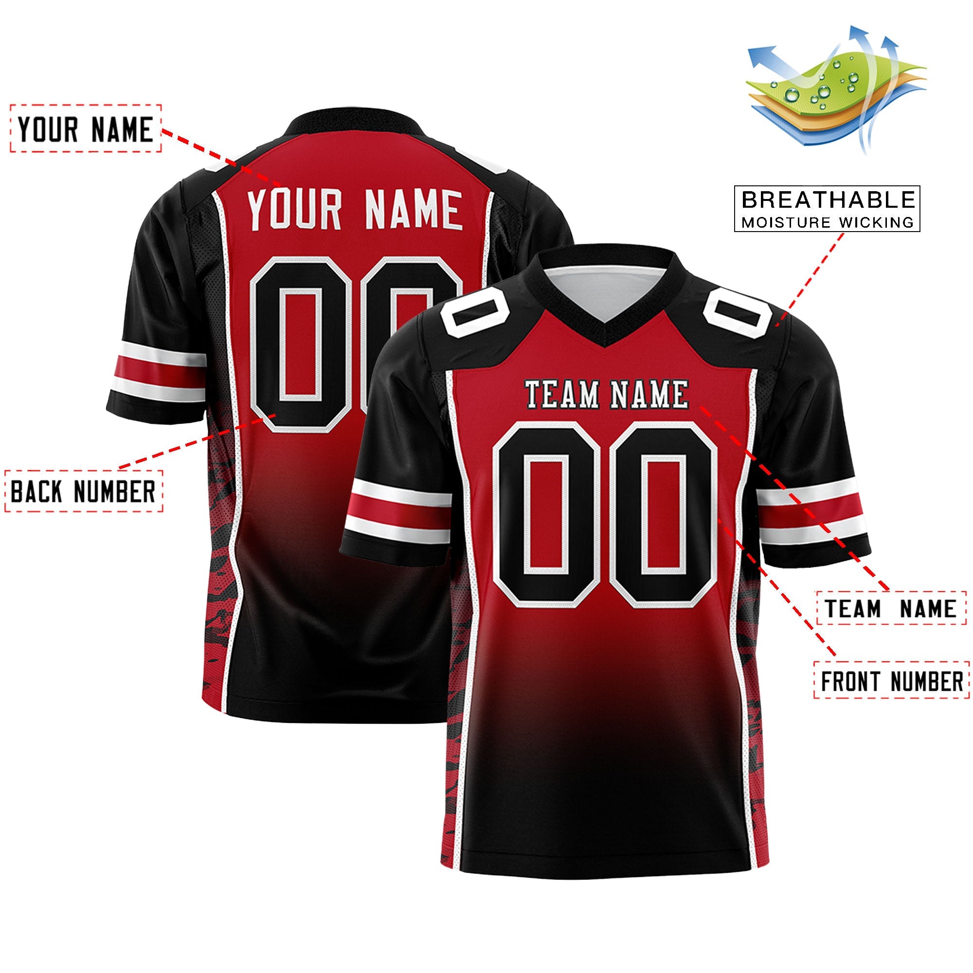 Custom Red Black Gradient Personalized Side Pattern Authentic Football Jersey