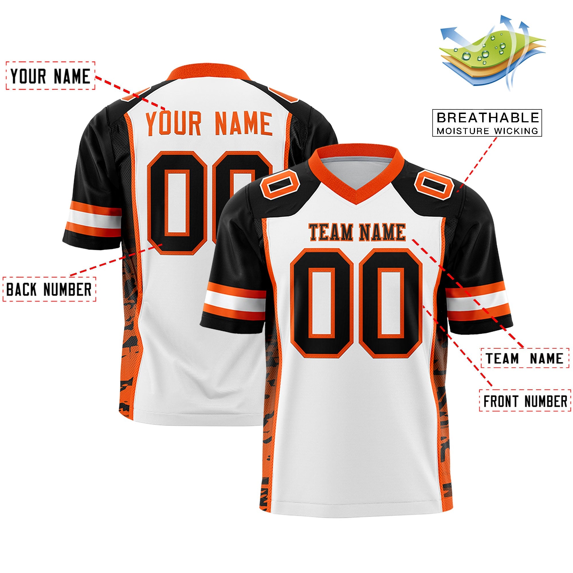 Custom White Black-Orange Raglan Sleeves Personalized Side Pattern Authentic Football Jersey