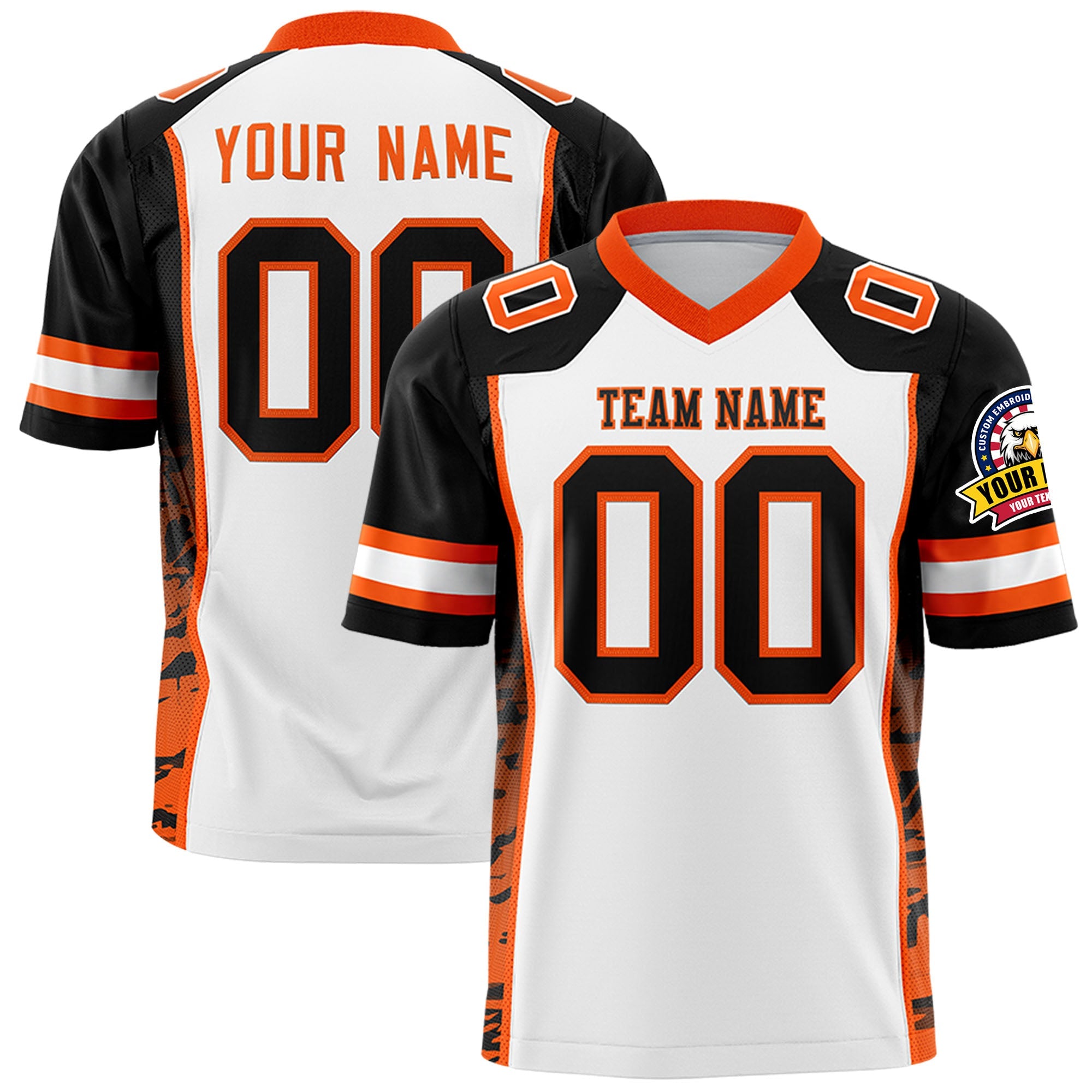 Custom White Black-Orange Raglan Sleeves Personalized Side Pattern Authentic Football Jersey