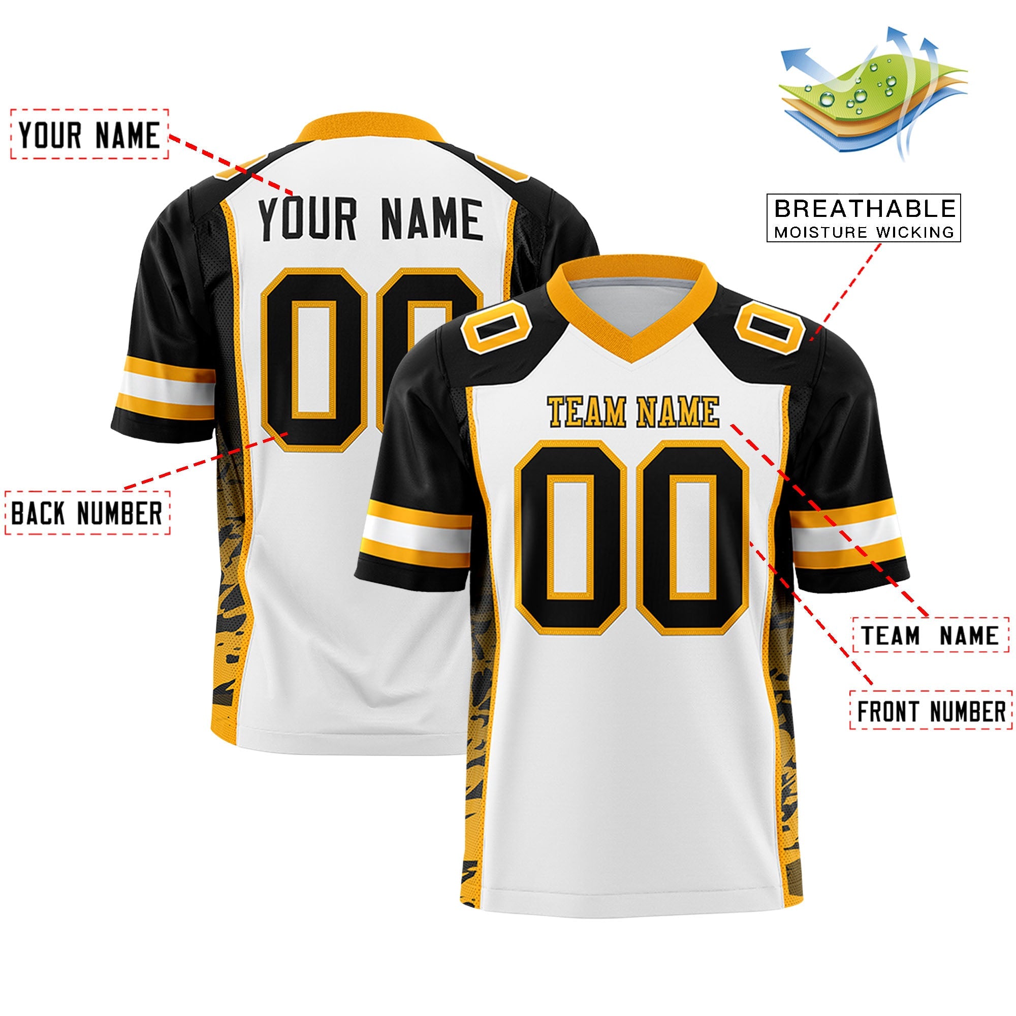 Custom White Black-Yellow Raglan Sleeves Personalized Side Pattern Authentic Football Jersey