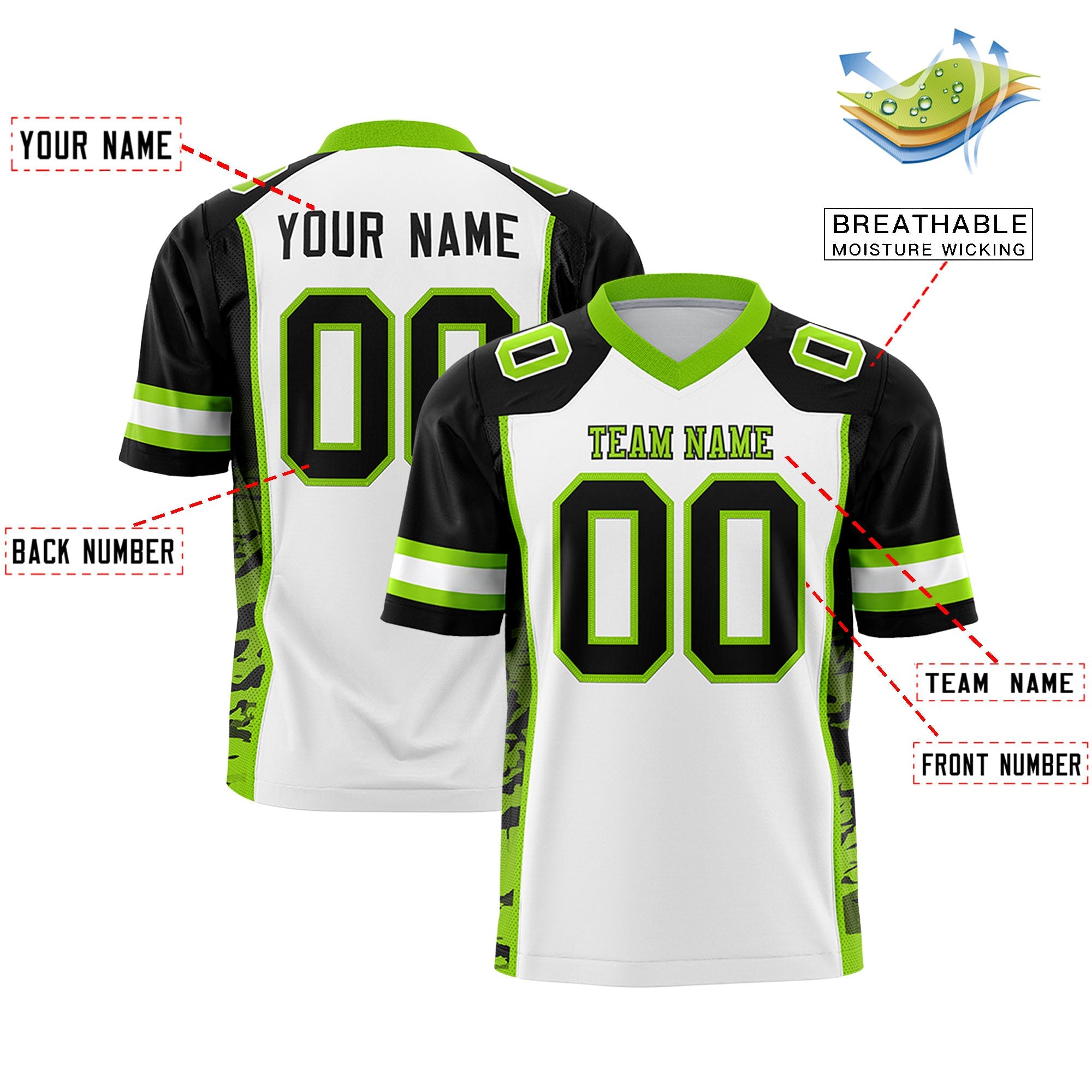 Custom White Black-Neon Green Raglan Sleeves Personalized Side Pattern Authentic Football Jersey