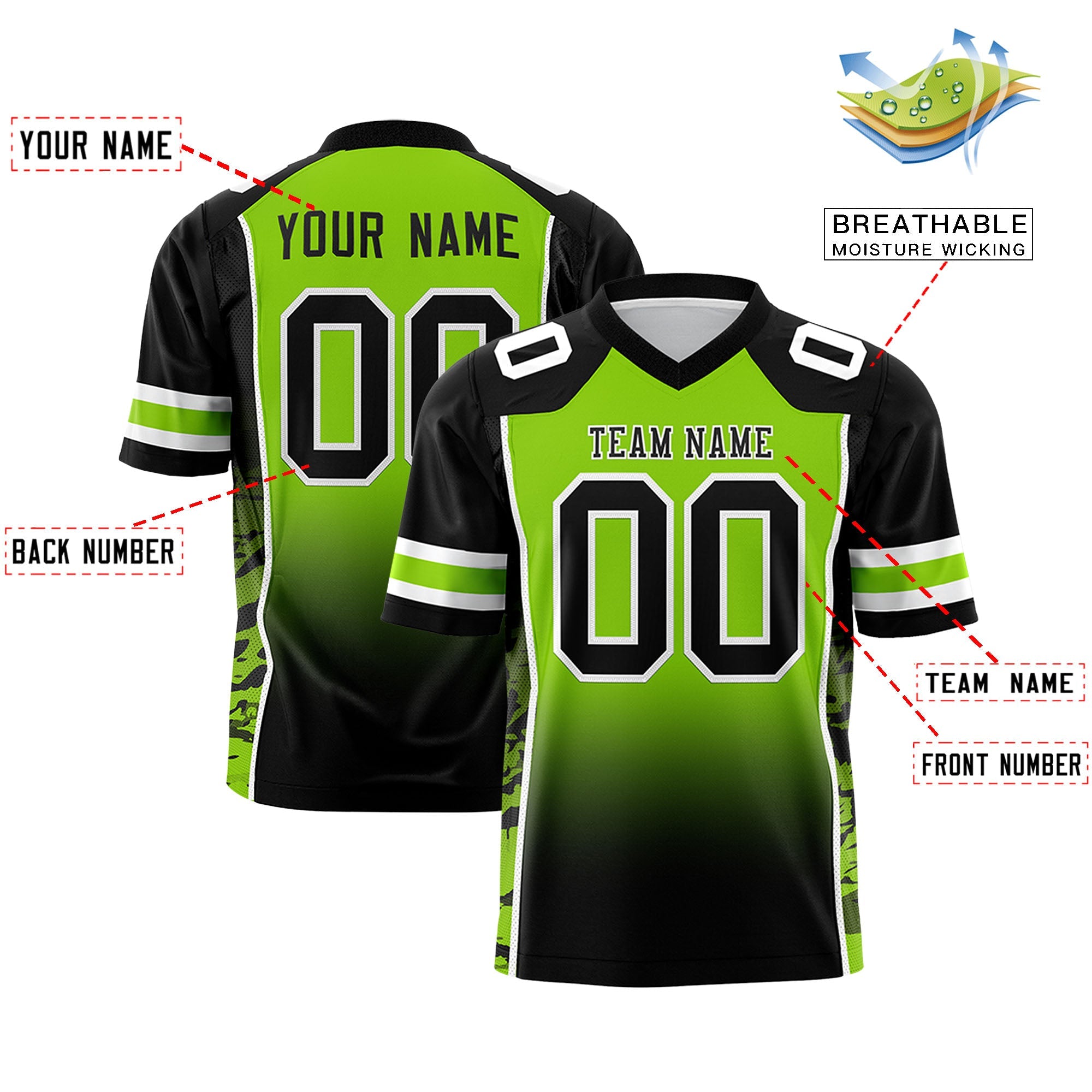 Custom Neon Green Black Gradient Personalized Side Pattern Authentic Football Jersey