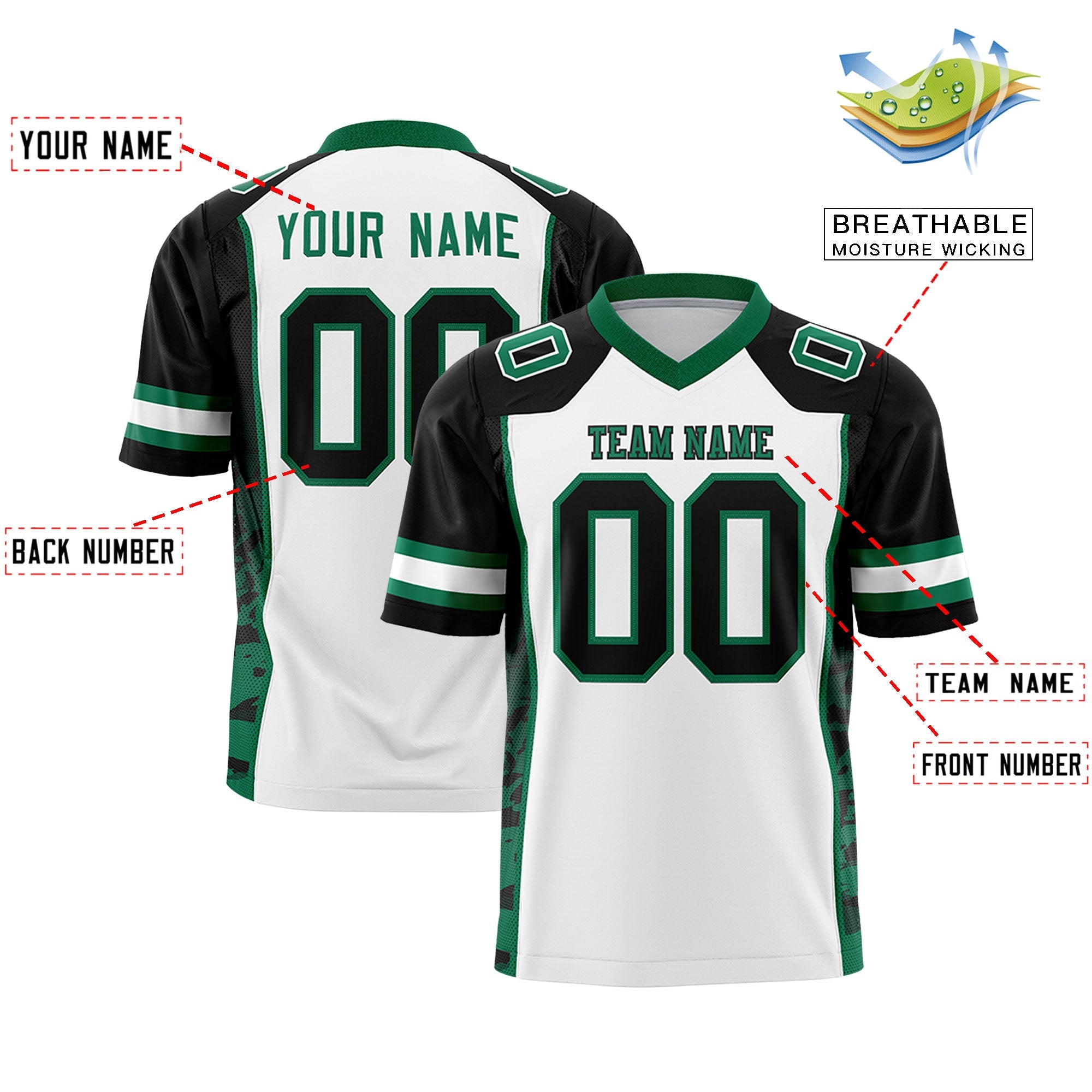 Custom White Black-Kelly Green Raglan Sleeves Personalized Side Pattern Authentic Football Jersey