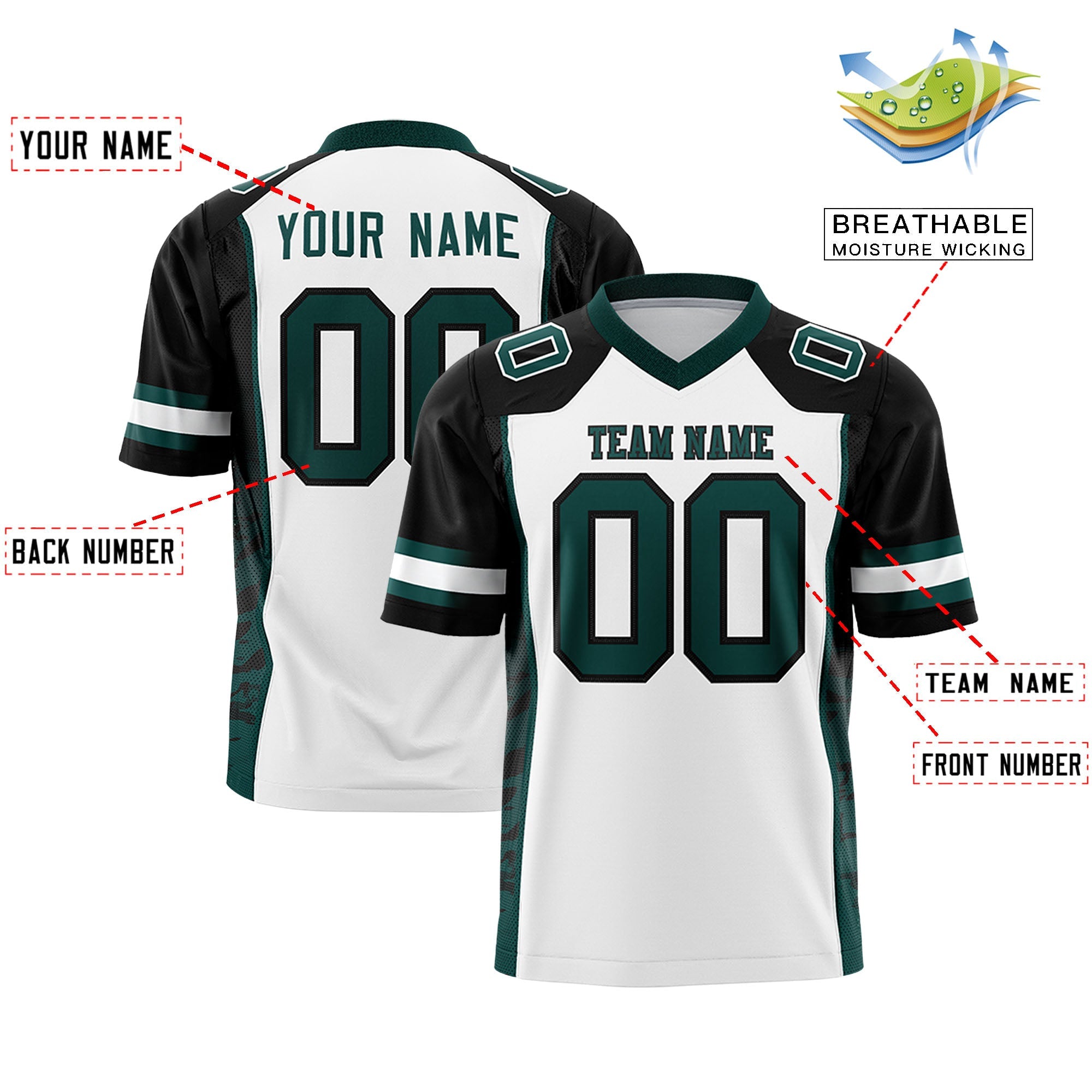 Custom White Black-Midnight Green Raglan Sleeves Personalized Side Pattern Authentic Football Jersey