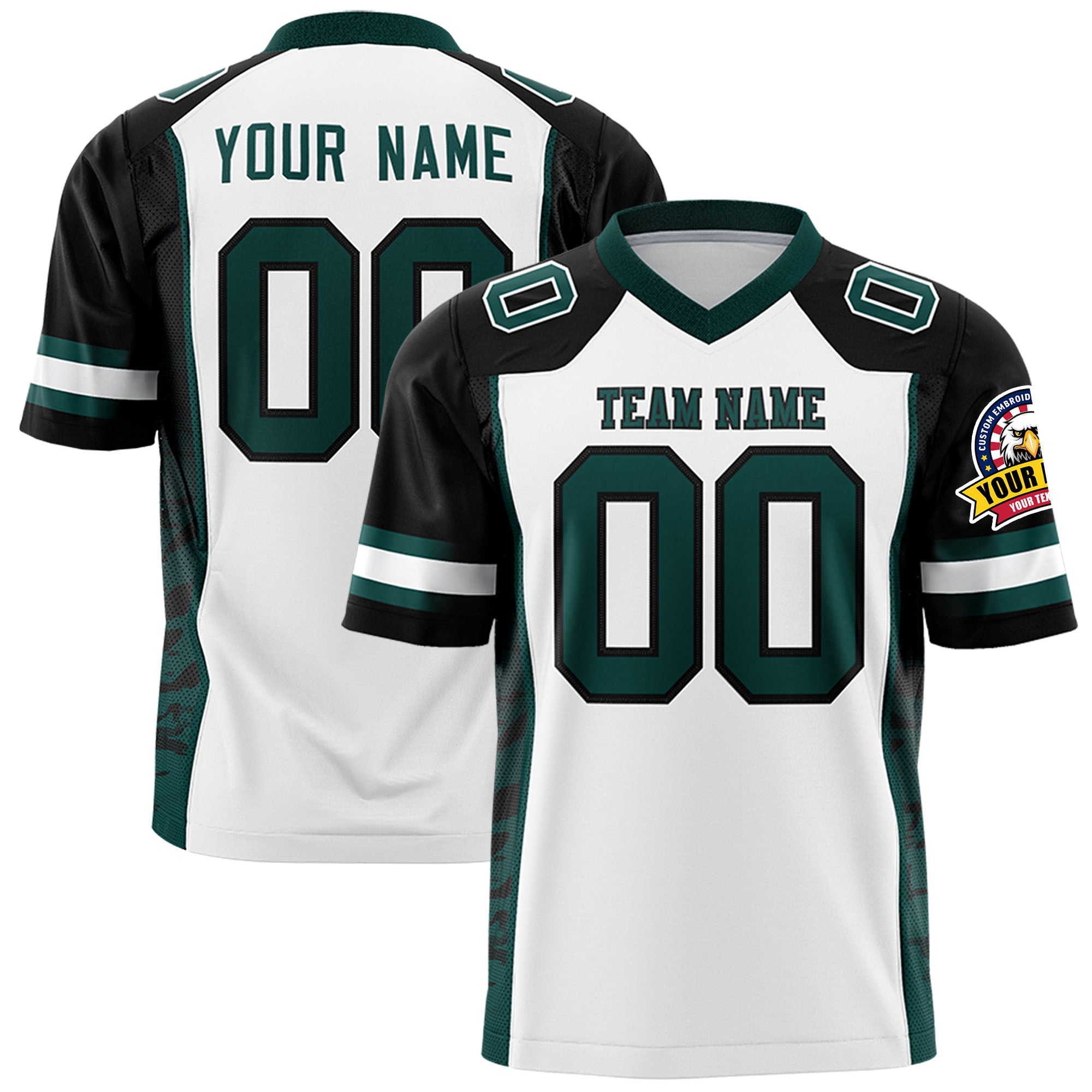 Custom White Black-Midnight Green Raglan Sleeves Personalized Side Pattern Authentic Football Jersey