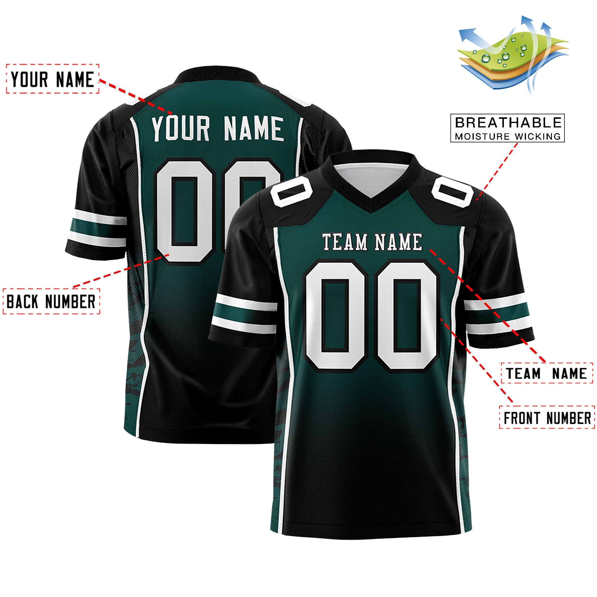 Custom Midnight Green Black Gradient Personalized Side Pattern Authentic Football Jersey