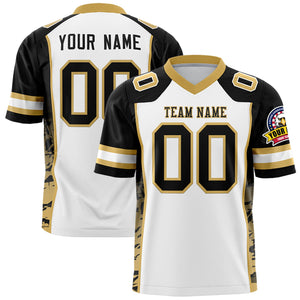 Custom White Black-Old Gold Raglan Sleeves Personalized Side Pattern Authentic Football Jersey