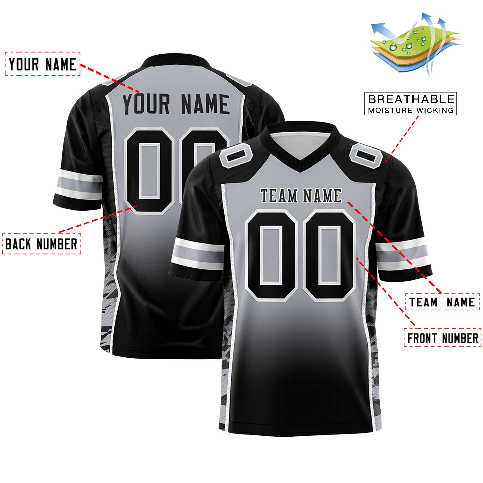 Custom Gray Black Gradient Personalized Side Pattern Authentic Football Jersey