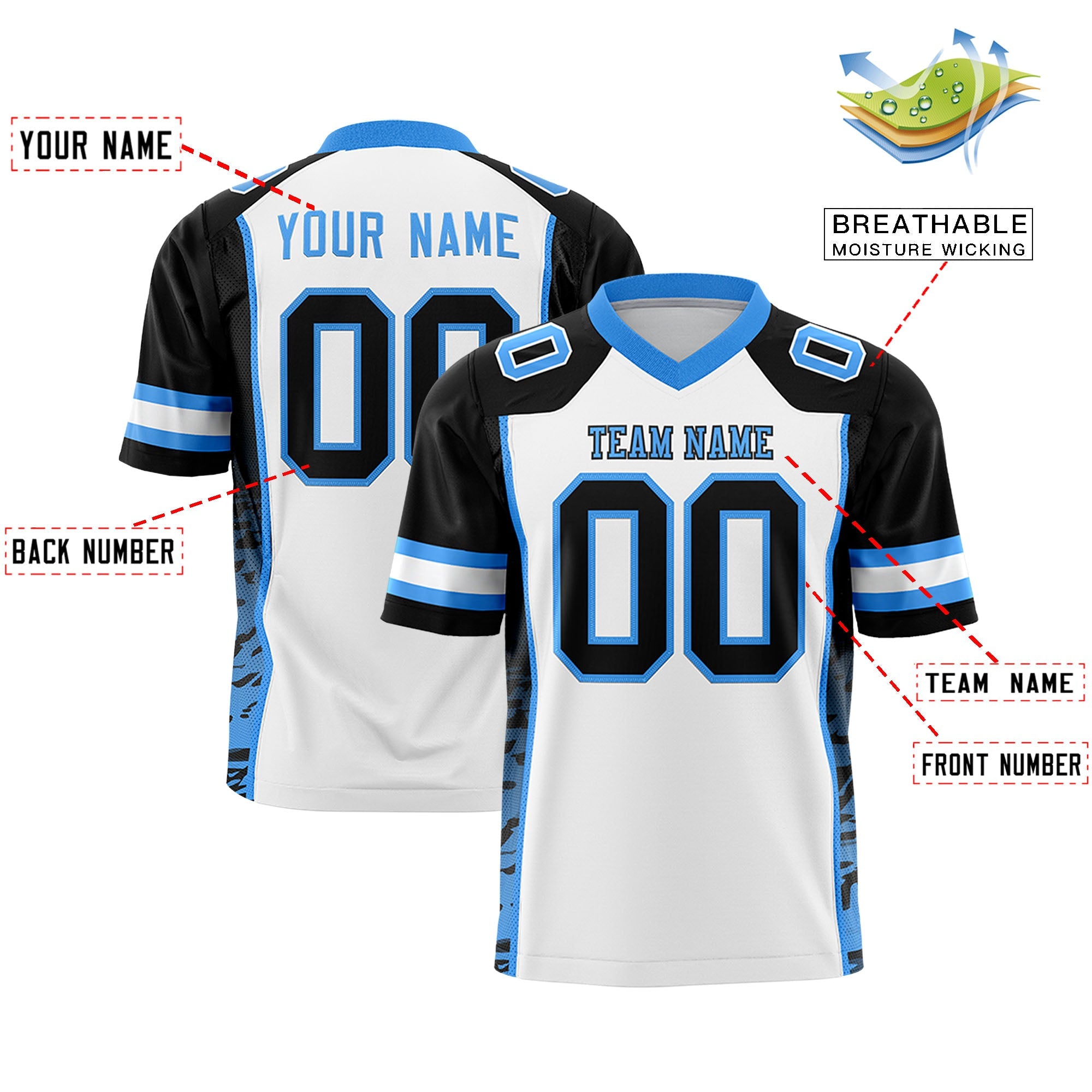 Custom White Black-Powder Blue Raglan Sleeves Personalized Side Pattern Authentic Football Jersey