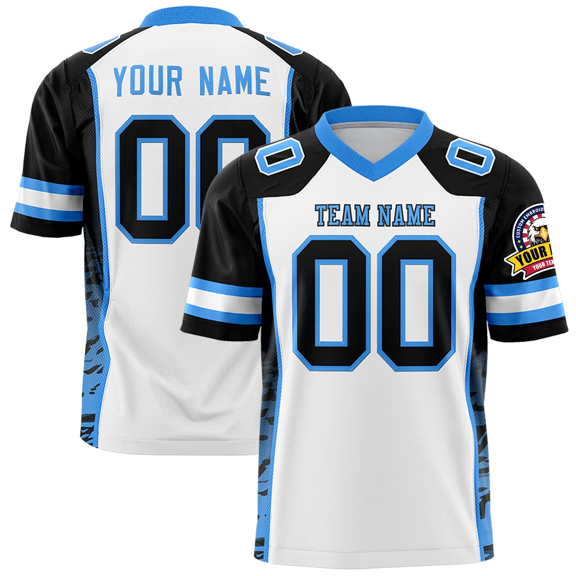 Custom White Black-Powder Blue Raglan Sleeves Personalized Side Pattern Authentic Football Jersey