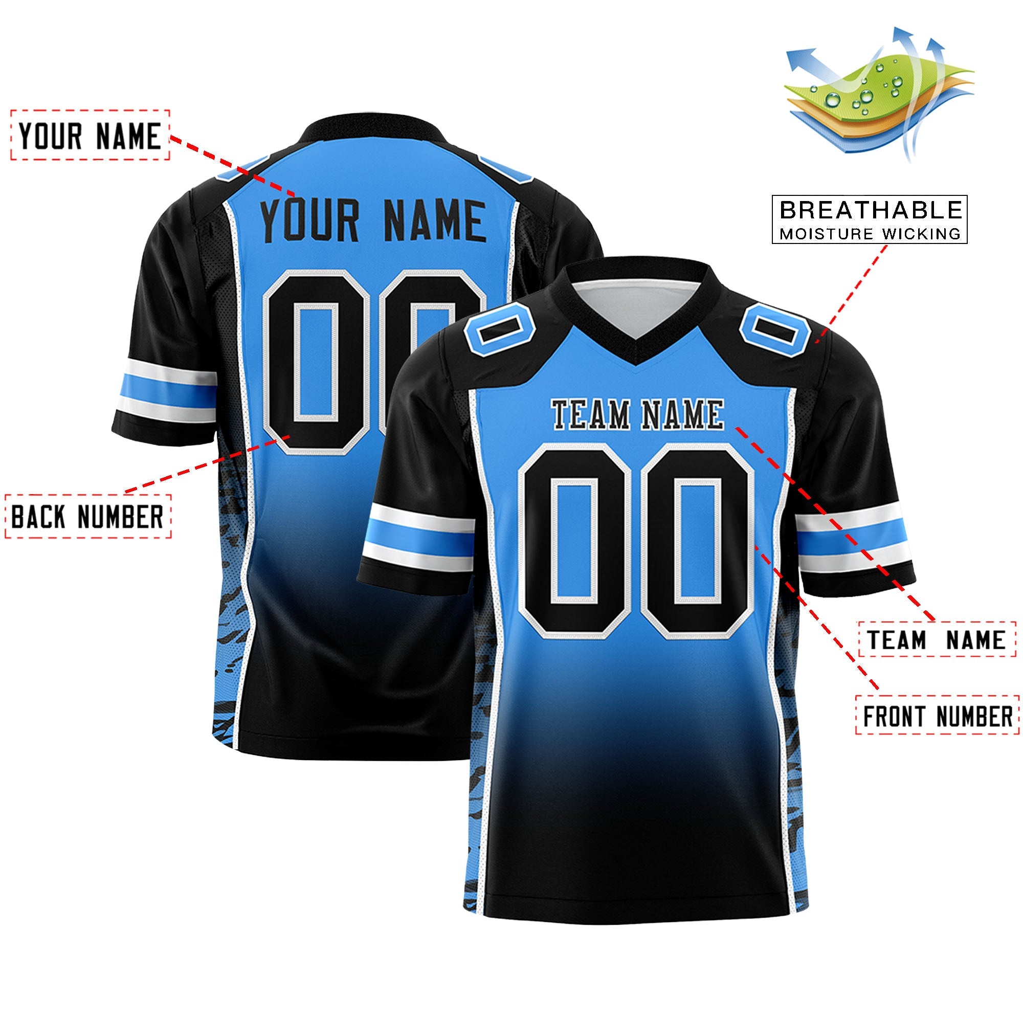 Custom Powder Blue Black Gradient Personalized Side Pattern Authentic Football Jersey