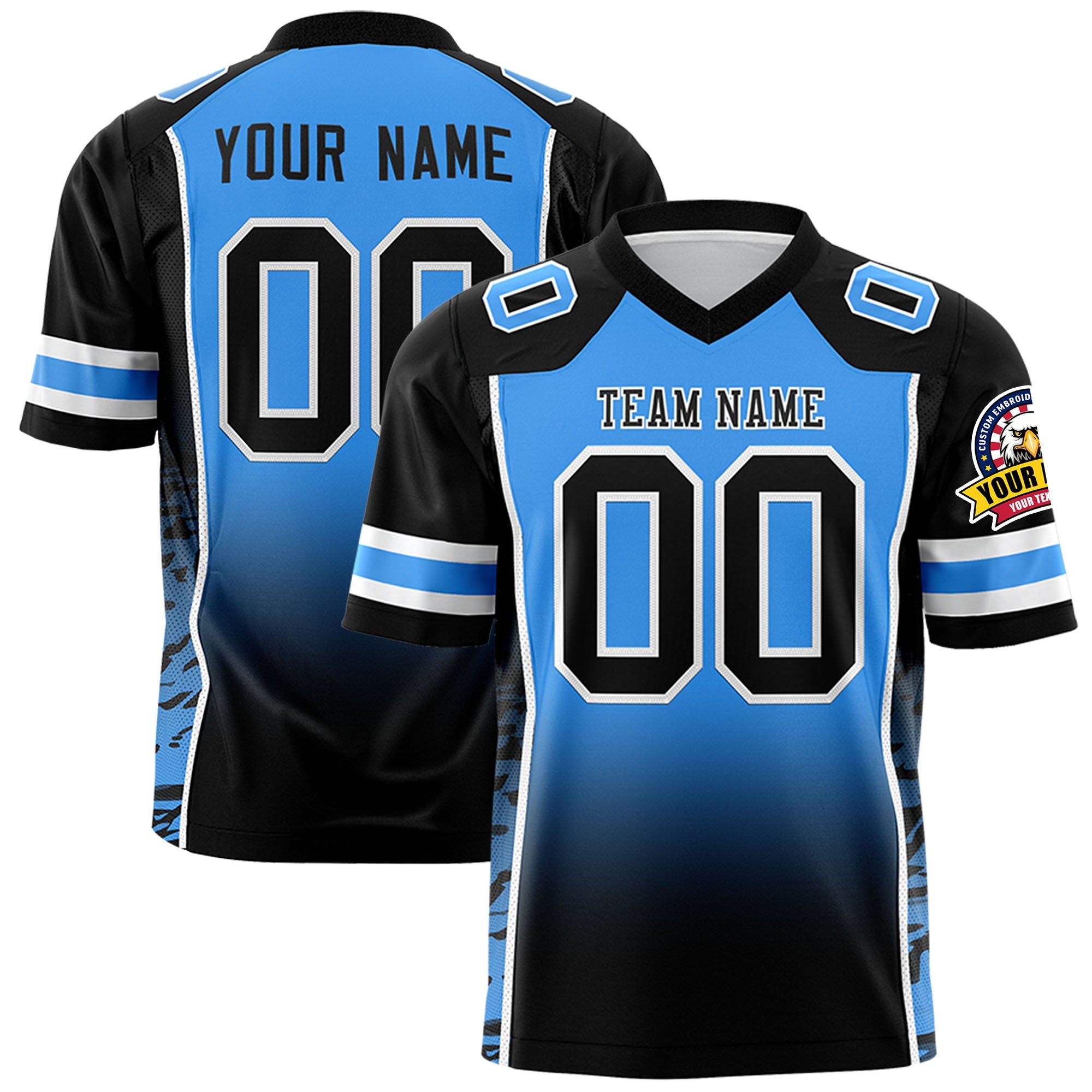 Custom Powder Blue Black Gradient Personalized Side Pattern Authentic Football Jersey