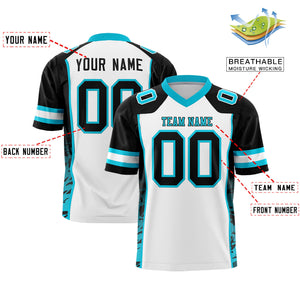 Custom White Black-Sky Blue Raglan Sleeves Personalized Side Pattern Authentic Football Jersey