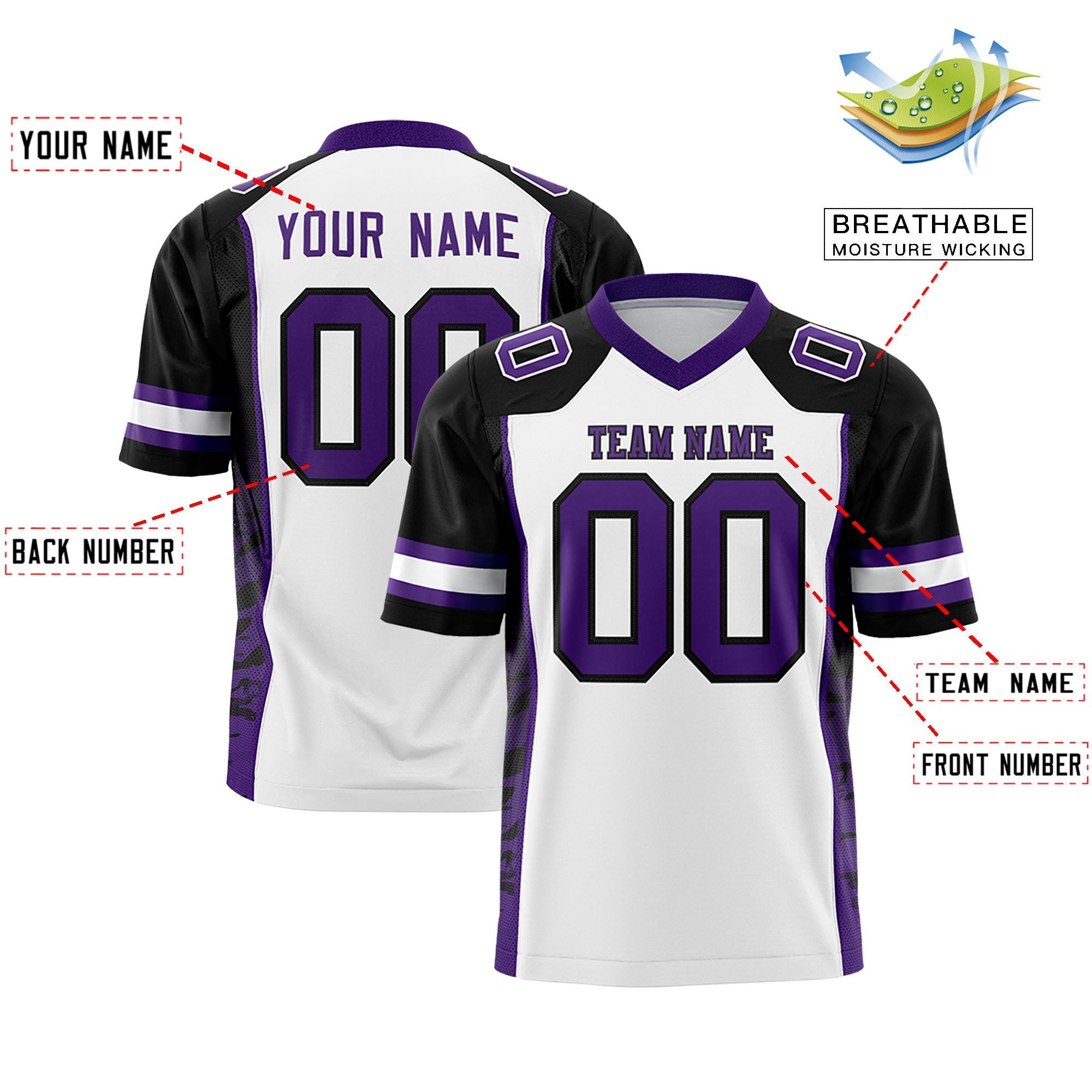 Custom White Black-Purple Raglan Sleeves Personalized Side Pattern Authentic Football Jersey